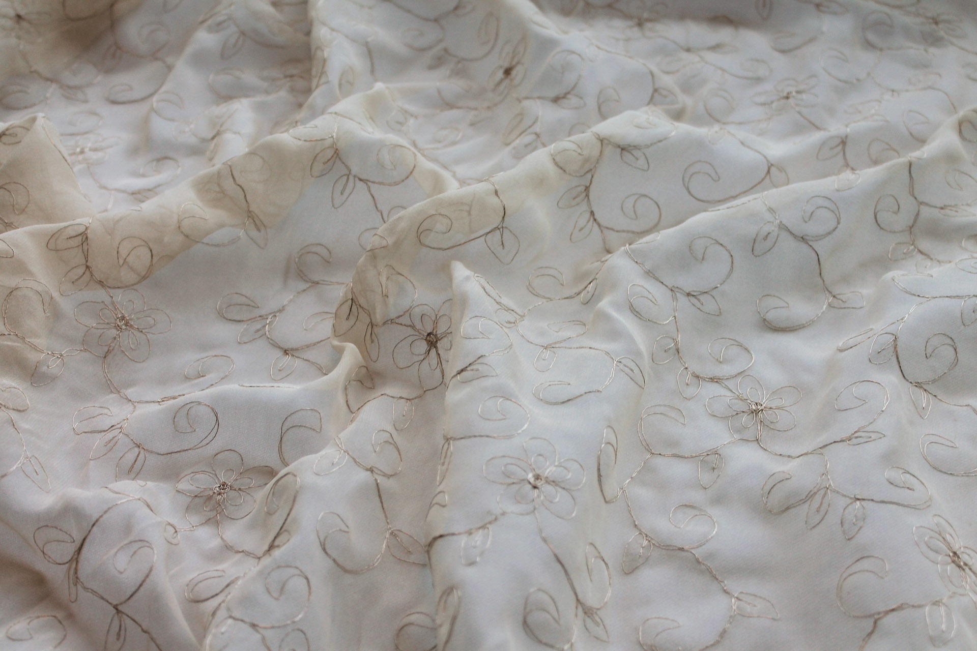 Metallic Floral and Swirl Embroidery on Cream Silk Chiffon fabric, image 2 of 7