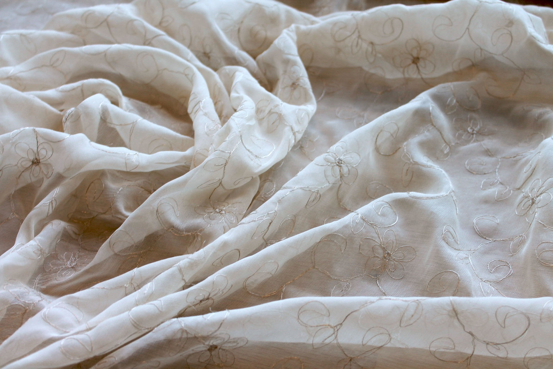 Metallic Floral and Swirl Embroidery on Cream Silk Chiffon fabric, image 3 of 7