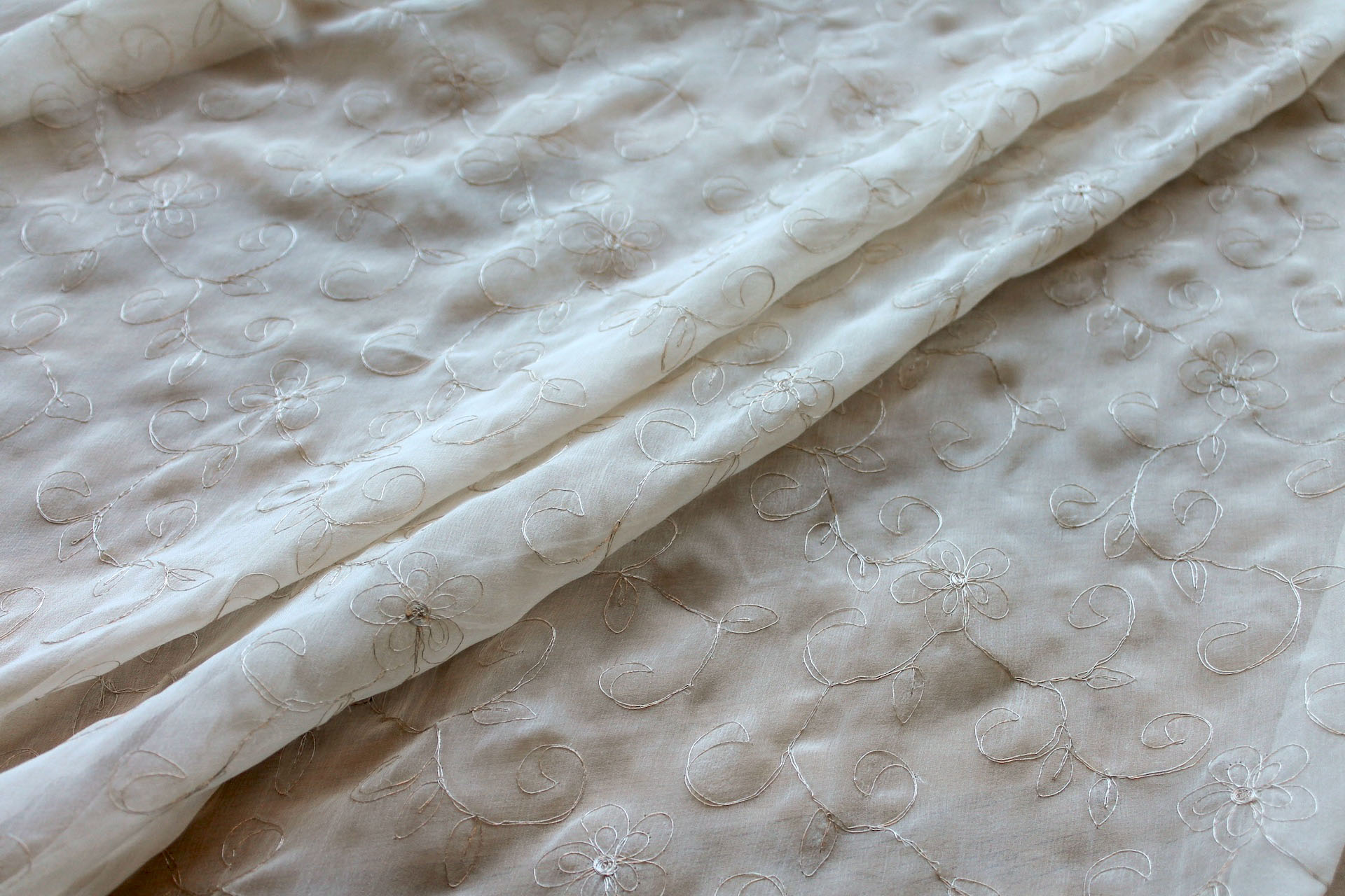 Metallic Floral and Swirl Embroidery on Cream Silk Chiffon fabric, image 4 of 7