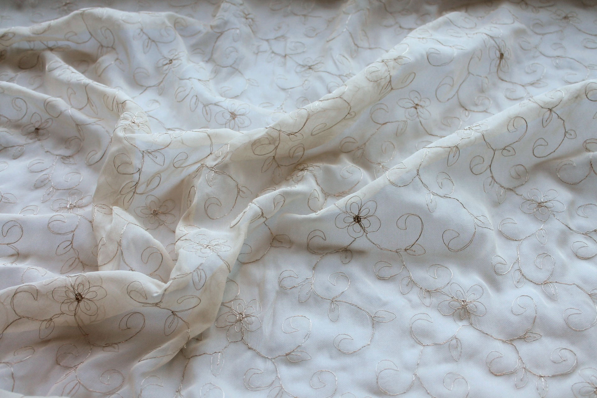 Metallic Floral and Swirl Embroidery on Cream Silk Chiffon fabric, image 5 of 7