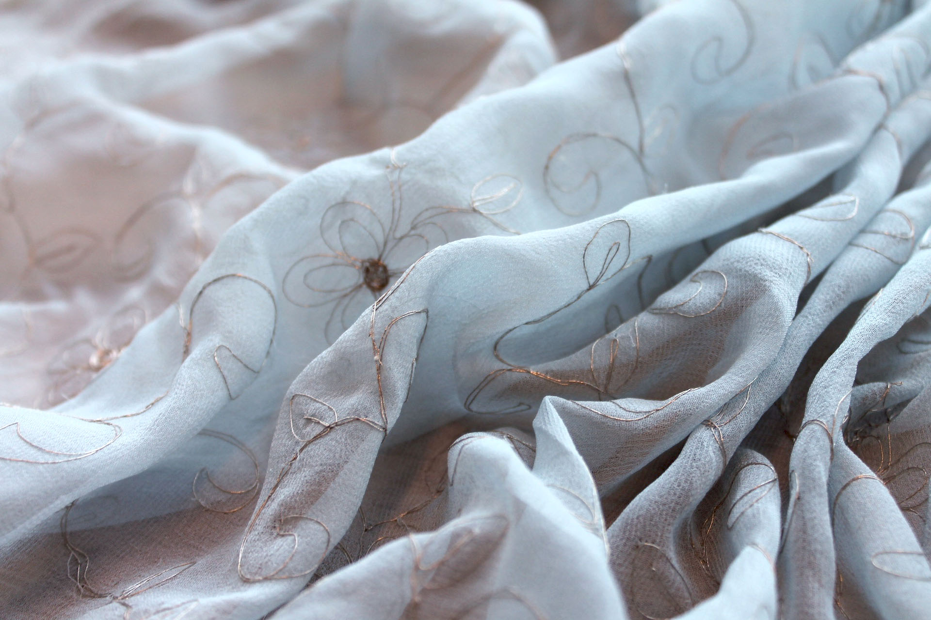 Metallic Floral and Swirl Embroidery on Pale Blue Silk Chiffon fabric, image 2 of 7