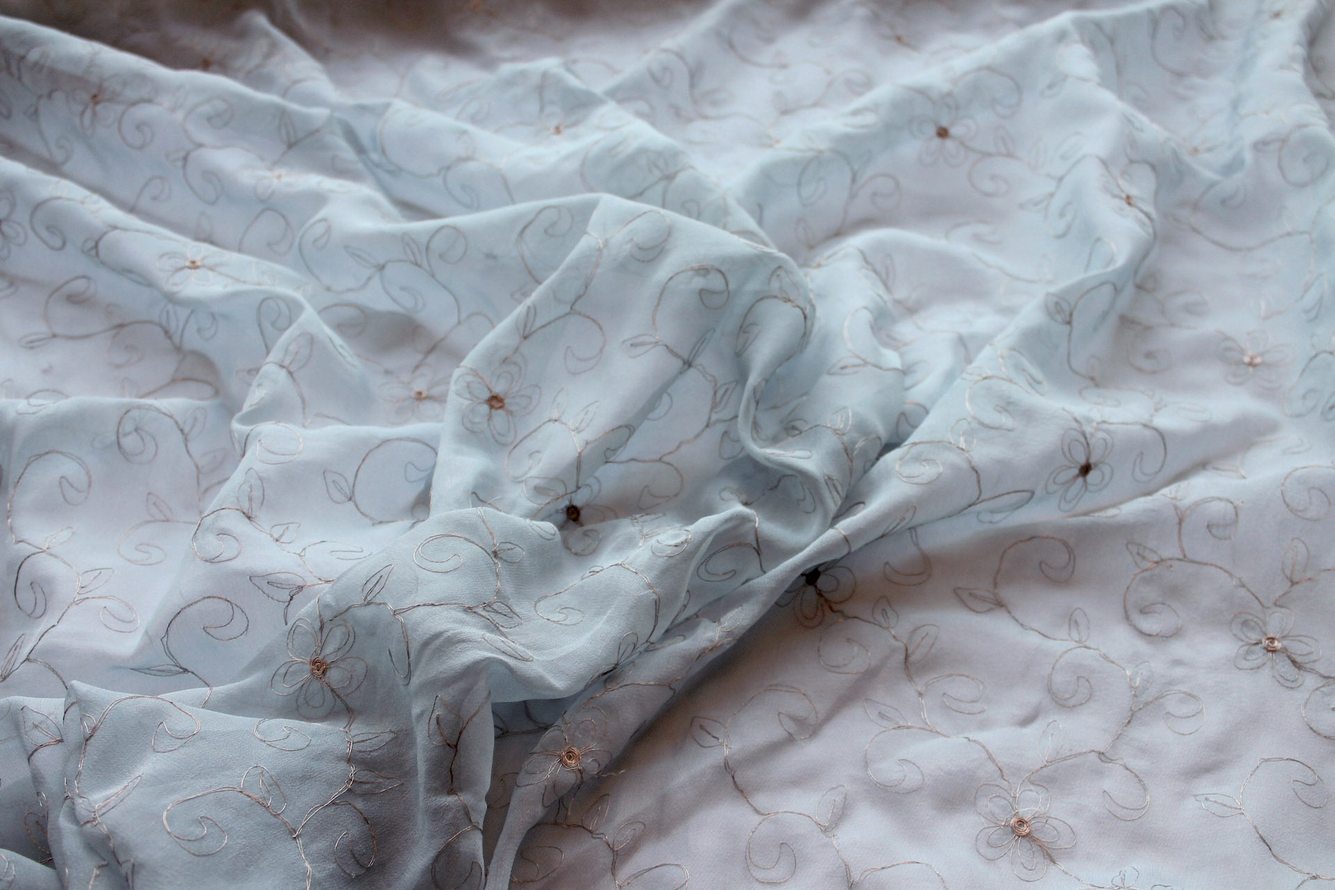 Metallic Floral and Swirl Embroidery on Pale Blue Silk Chiffon fabric, image 4 of 7