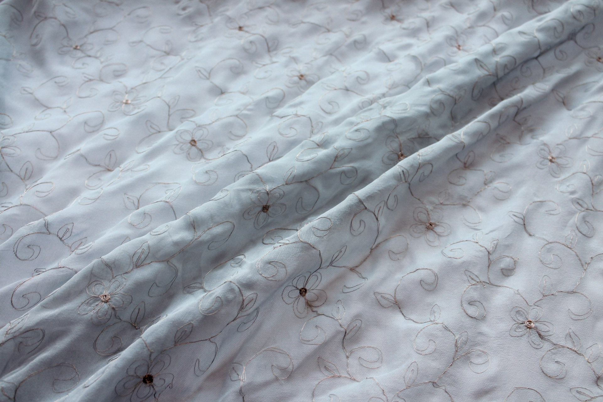 Metallic Floral and Swirl Embroidery on Pale Blue Silk Chiffon fabric, image 5 of 7