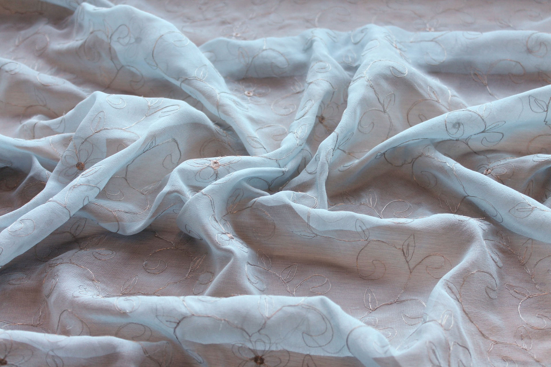 Metallic Floral and Swirl Embroidery on Pale Blue Silk Chiffon fabric, image 7 of 7