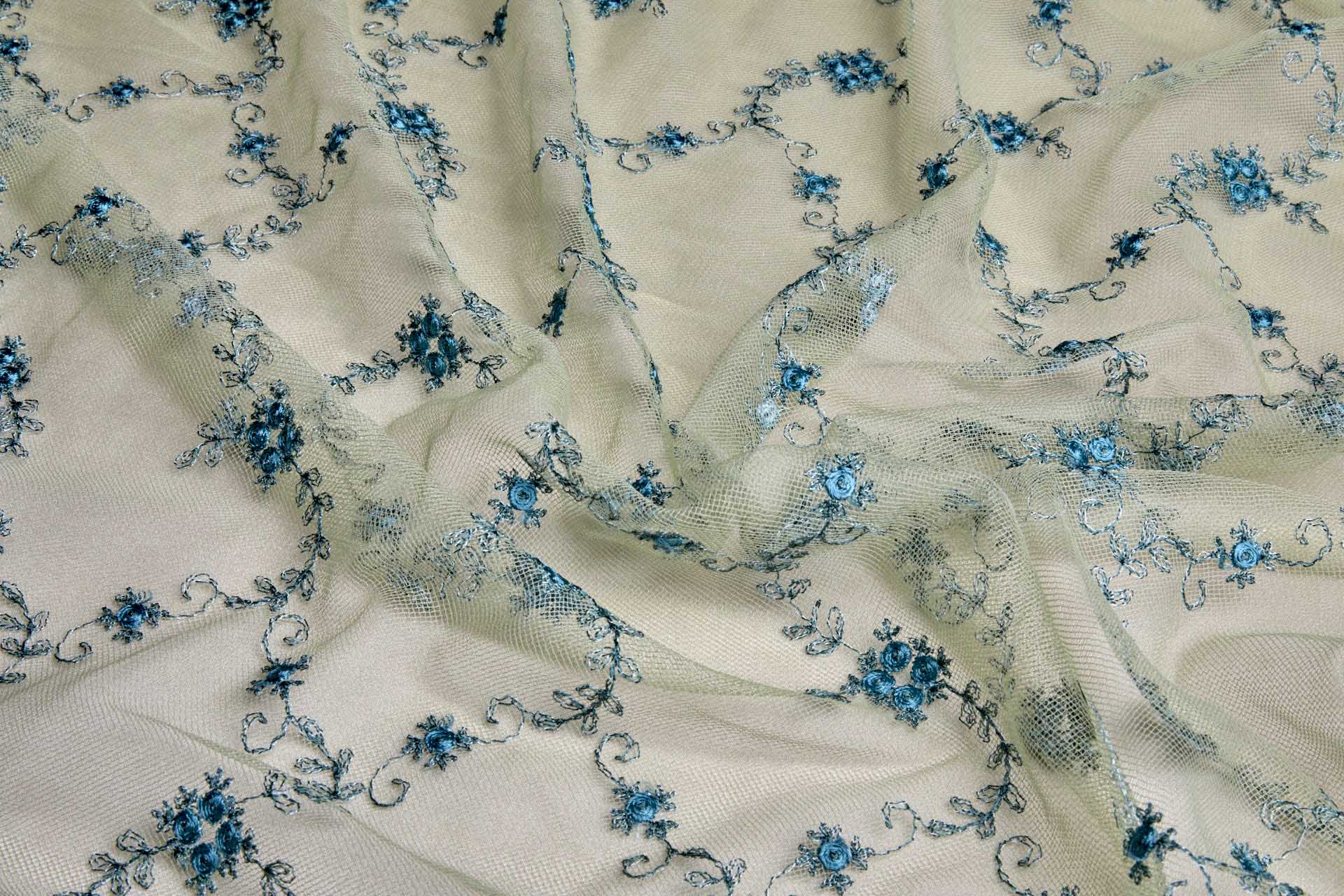 Dainty Teal Roses Embroidered on Green Tulle fabric, image 2 of 8