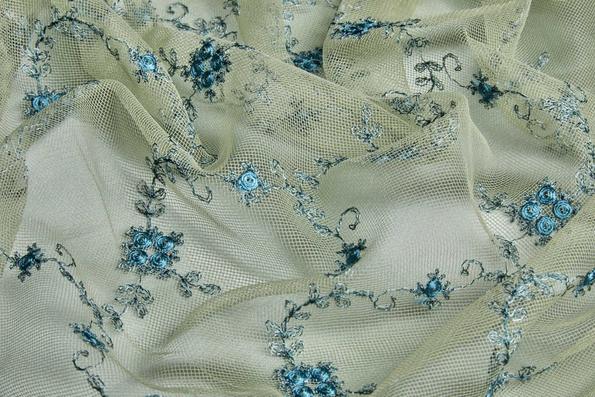 Dainty Teal Roses Embroidered on Green Tulle fabric, image 7 of 8