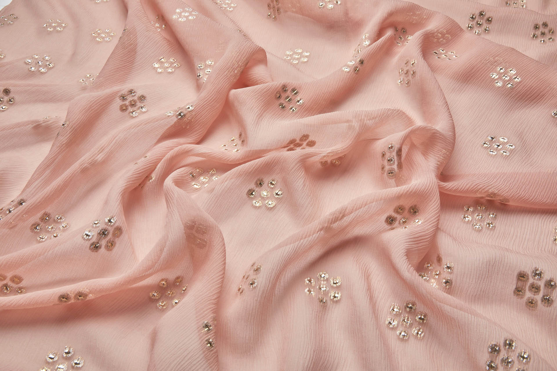Gold Circles on Coral Crinkle Silk Chiffon fabric, image 3 of 9