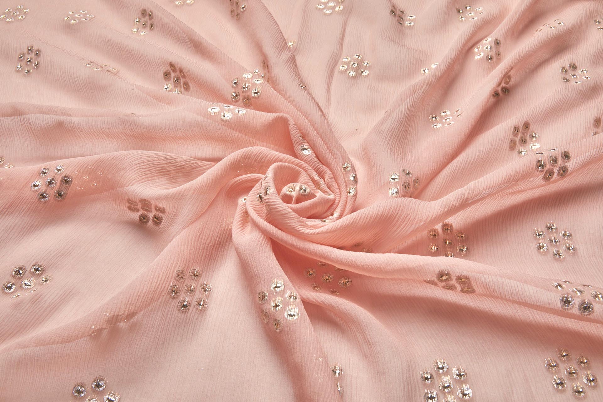 Gold Circles on Coral Crinkle Silk Chiffon fabric