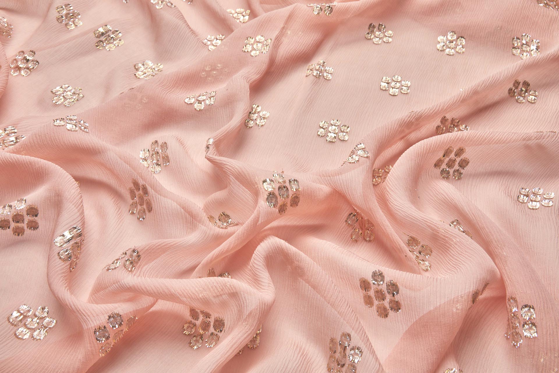 Gold Circles on Coral Crinkle Silk Chiffon fabric, image 4 of 9
