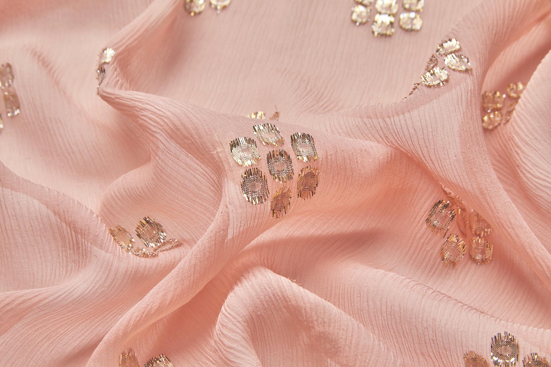 Gold Circles on Coral Crinkle Silk Chiffon fabric, image 5 of 9