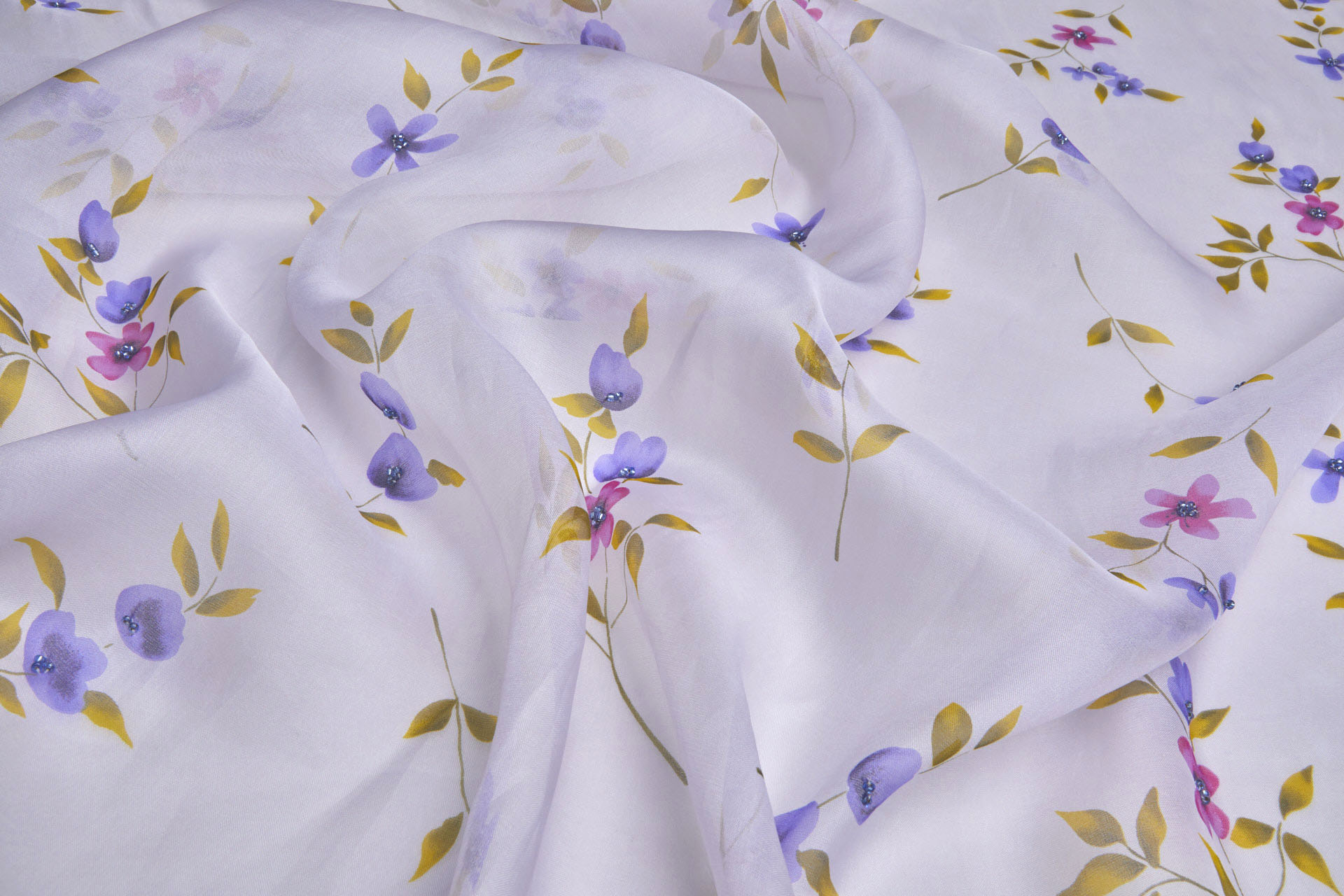Silk Organza with Floral Print and Hand Beading - Dusty Lilac fabric, image 3 of 8