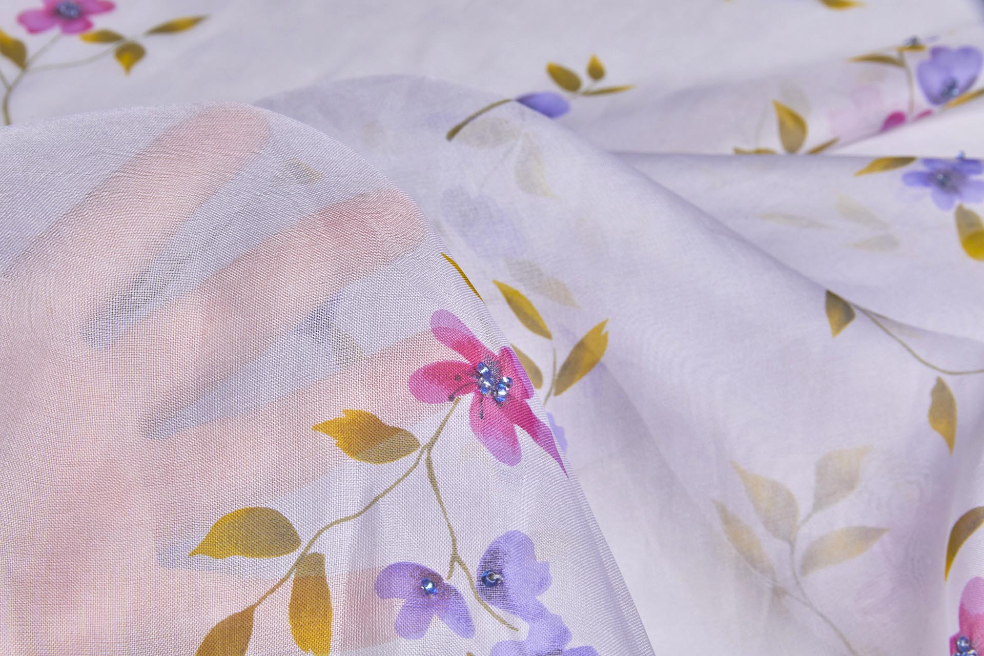Silk Organza with Floral Print and Hand Beading - Dusty Lilac fabric, image 6 of 8