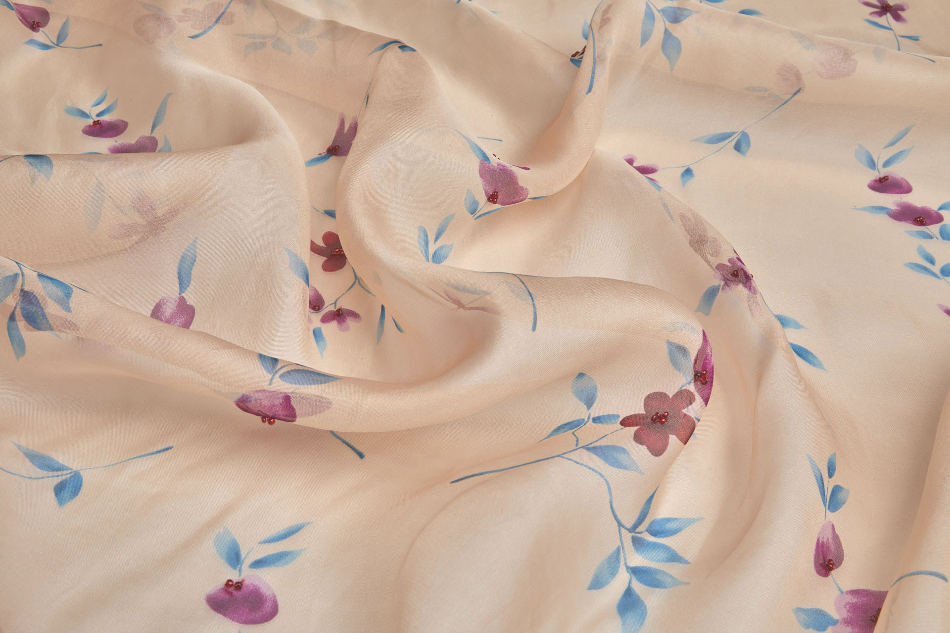 Silk Organza with Floral Print and Hand Beading - Peach fabric, image 3 of 7