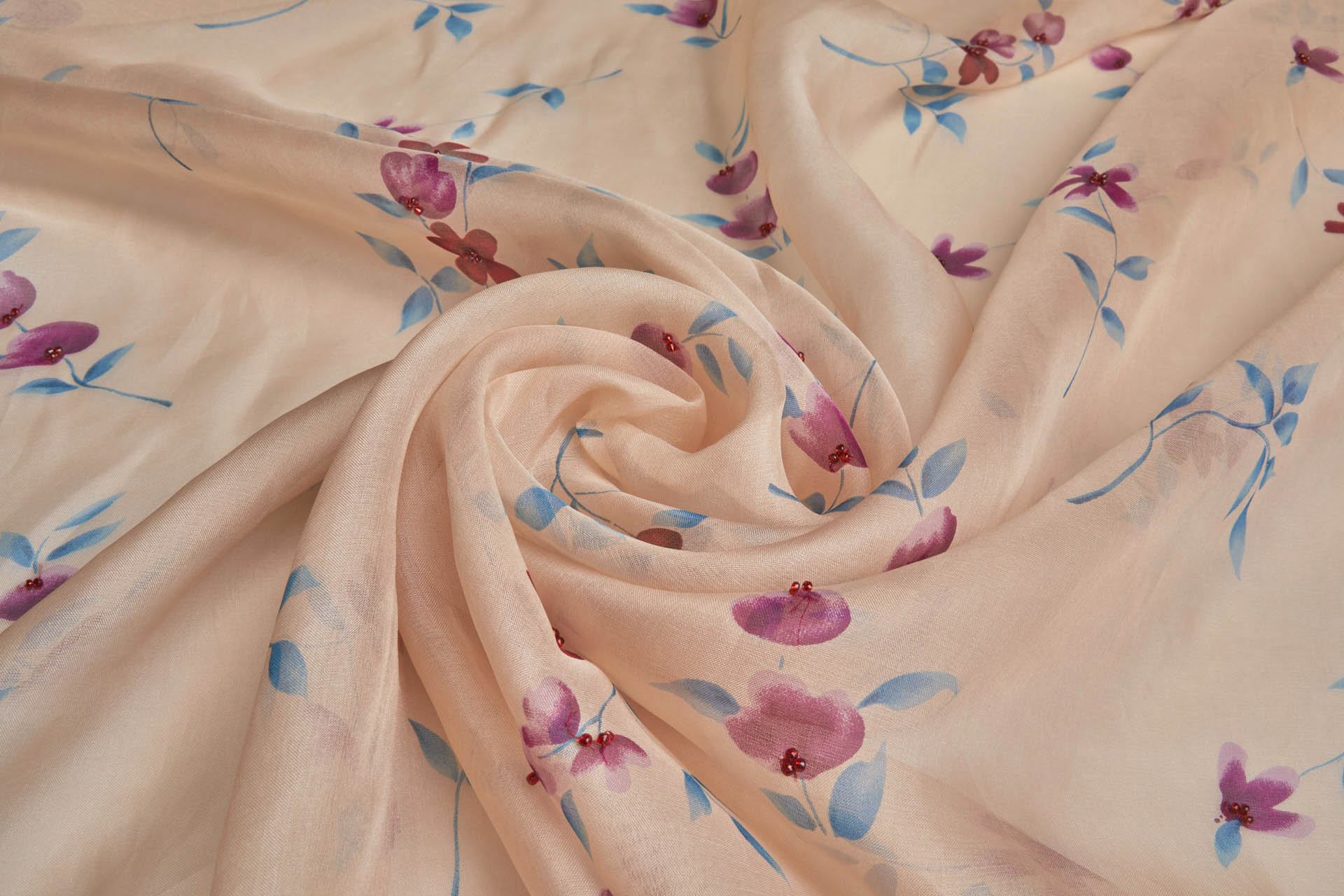 Silk Organza with Floral Print and Hand Beading - Peach fabric
