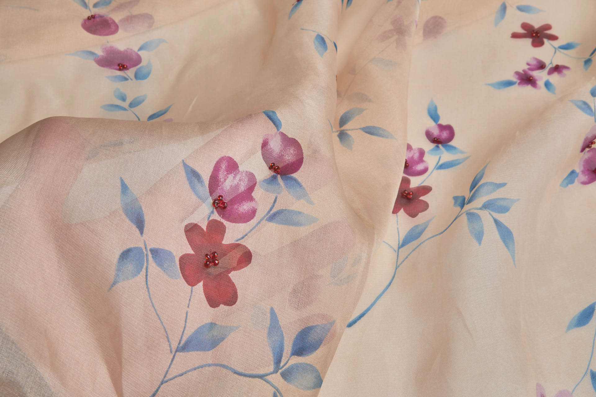 Silk Organza with Floral Print and Hand Beading - Peach fabric, image 6 of 7
