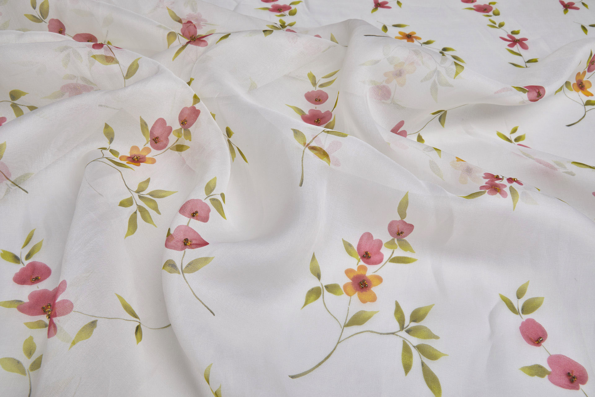 Silk Organza with Floral Print and Hand Beading - Ivory fabric, image 3 of 9