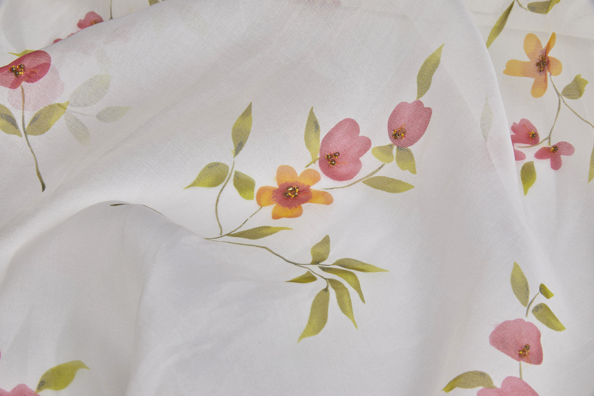 Silk Organza with Floral Print and Hand Beading - Ivory fabric, image 4 of 9