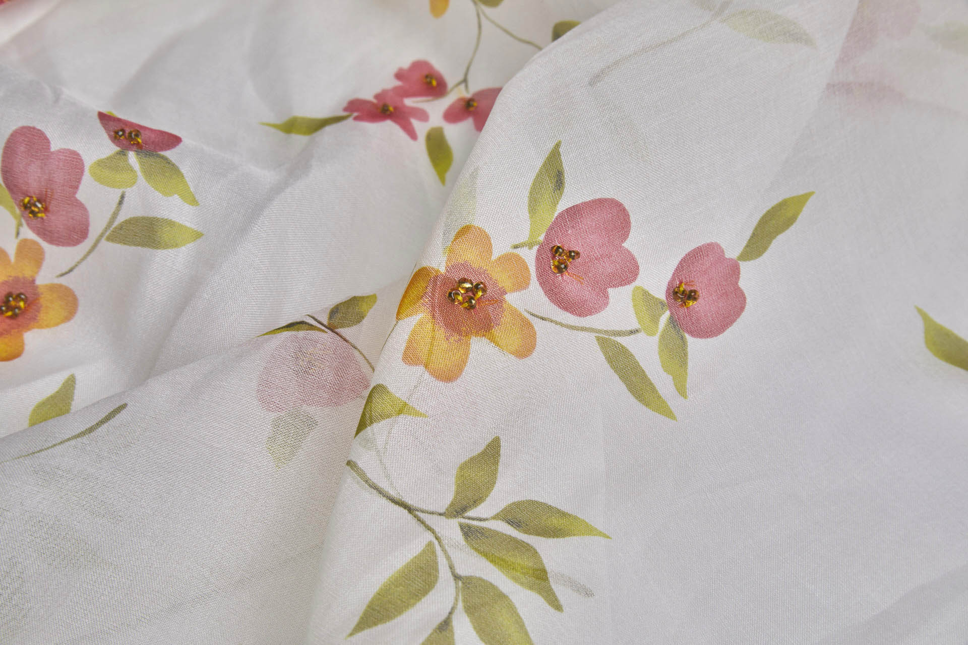 Silk Organza with Floral Print and Hand Beading - Ivory fabric, image 5 of 9