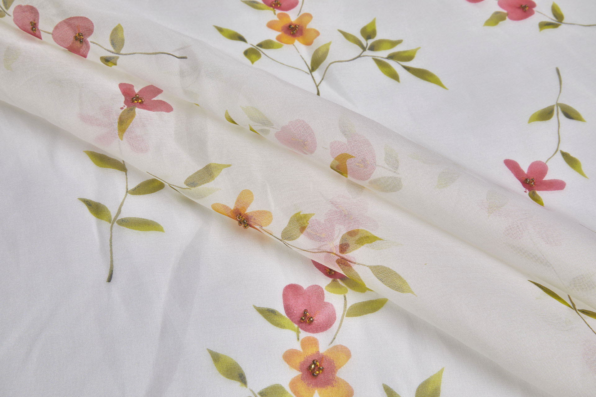 Silk Organza with Floral Print and Hand Beading - Ivory fabric, image 6 of 9