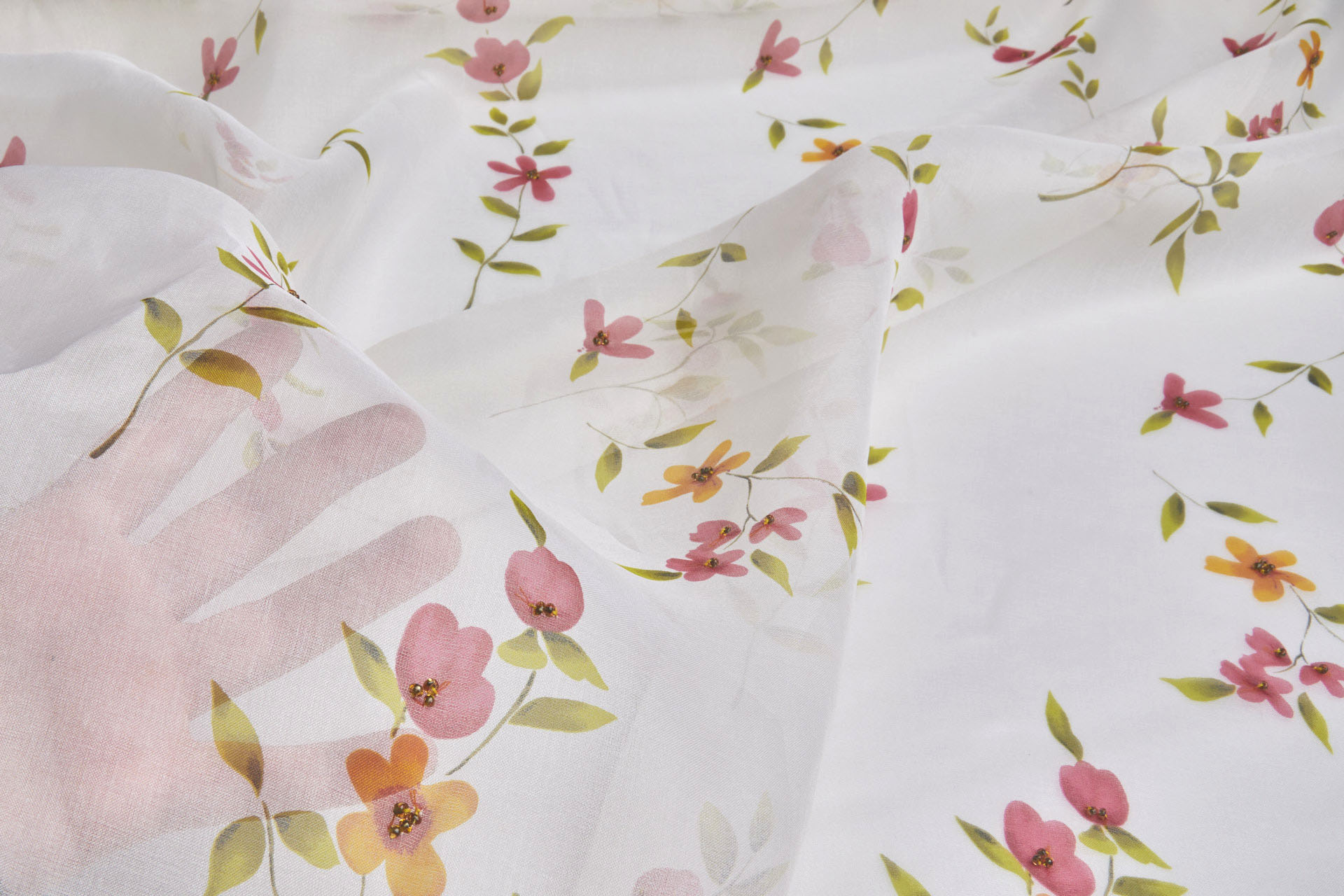 Silk Organza with Floral Print and Hand Beading - Ivory fabric, image 8 of 9