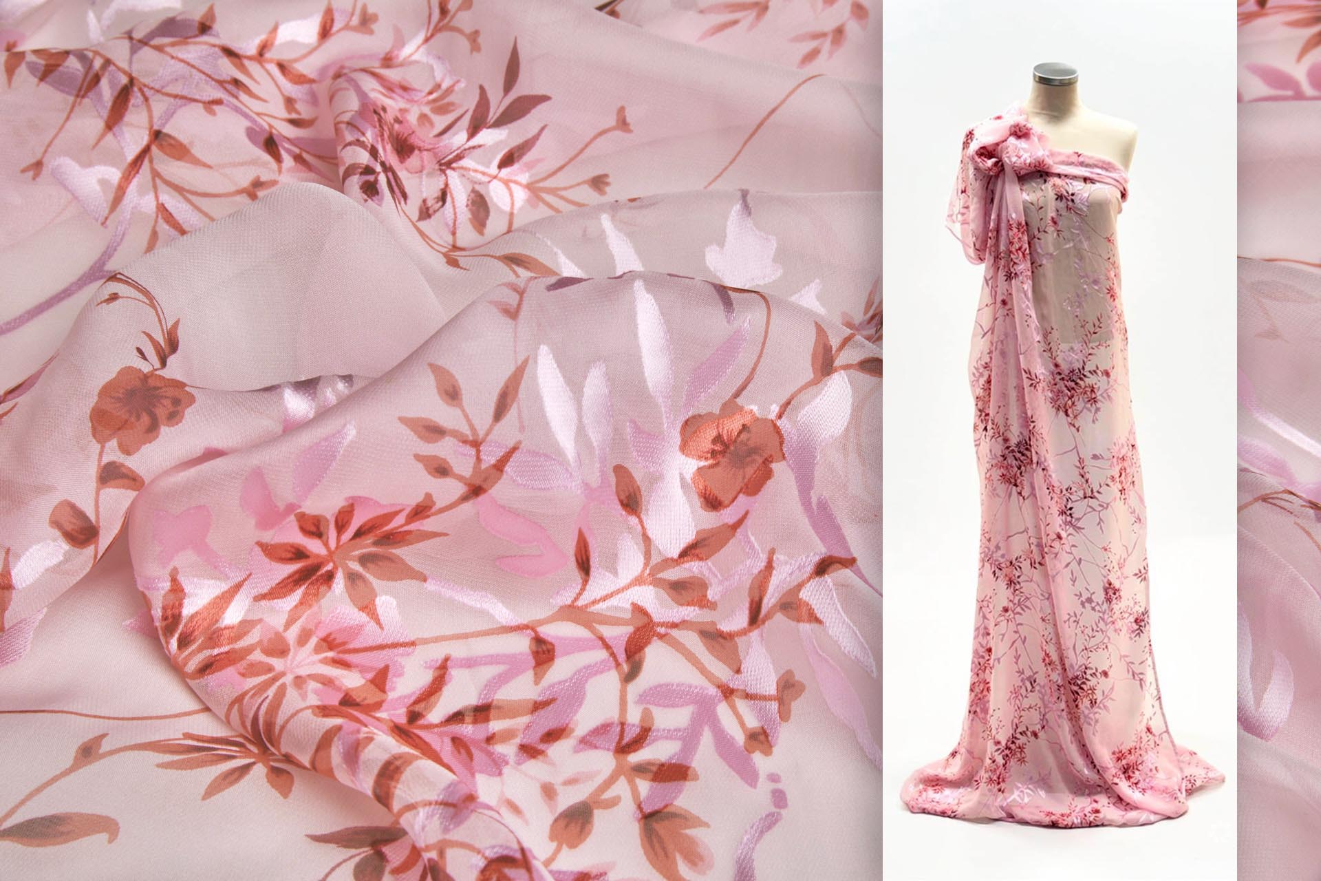 Coral, Pink and Burgundy Devore Burnout Floral Print fabric, image 2 of 10