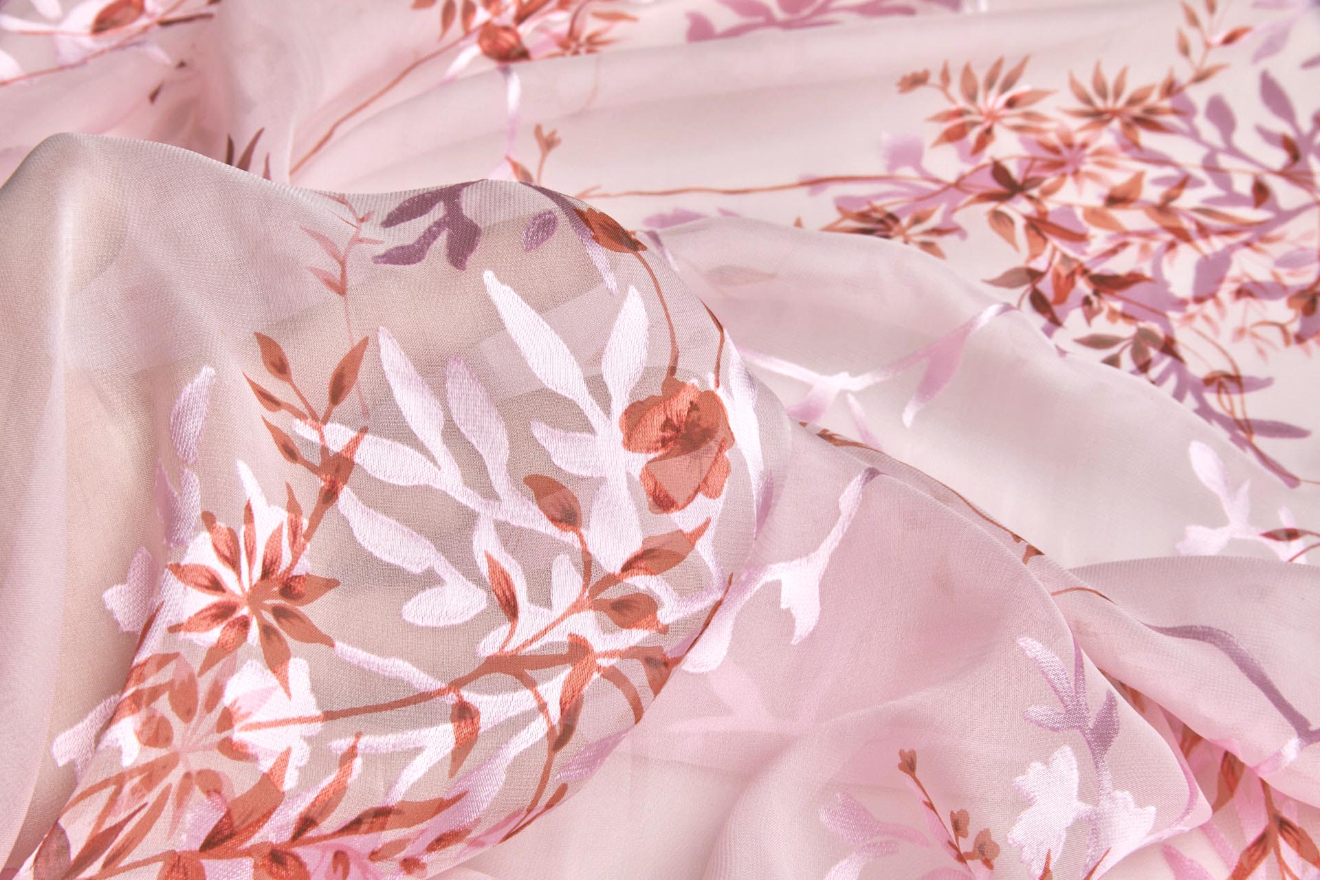 Coral, Pink and Burgundy Devore Burnout Floral Print fabric, image 3 of 10