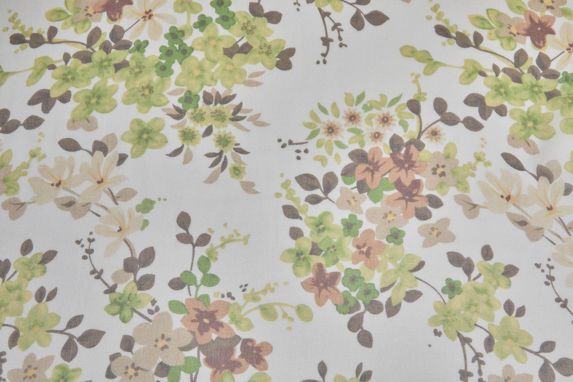 Brown and Green Floral Print on Off White Silk Georgette fabric, image 2 of 7