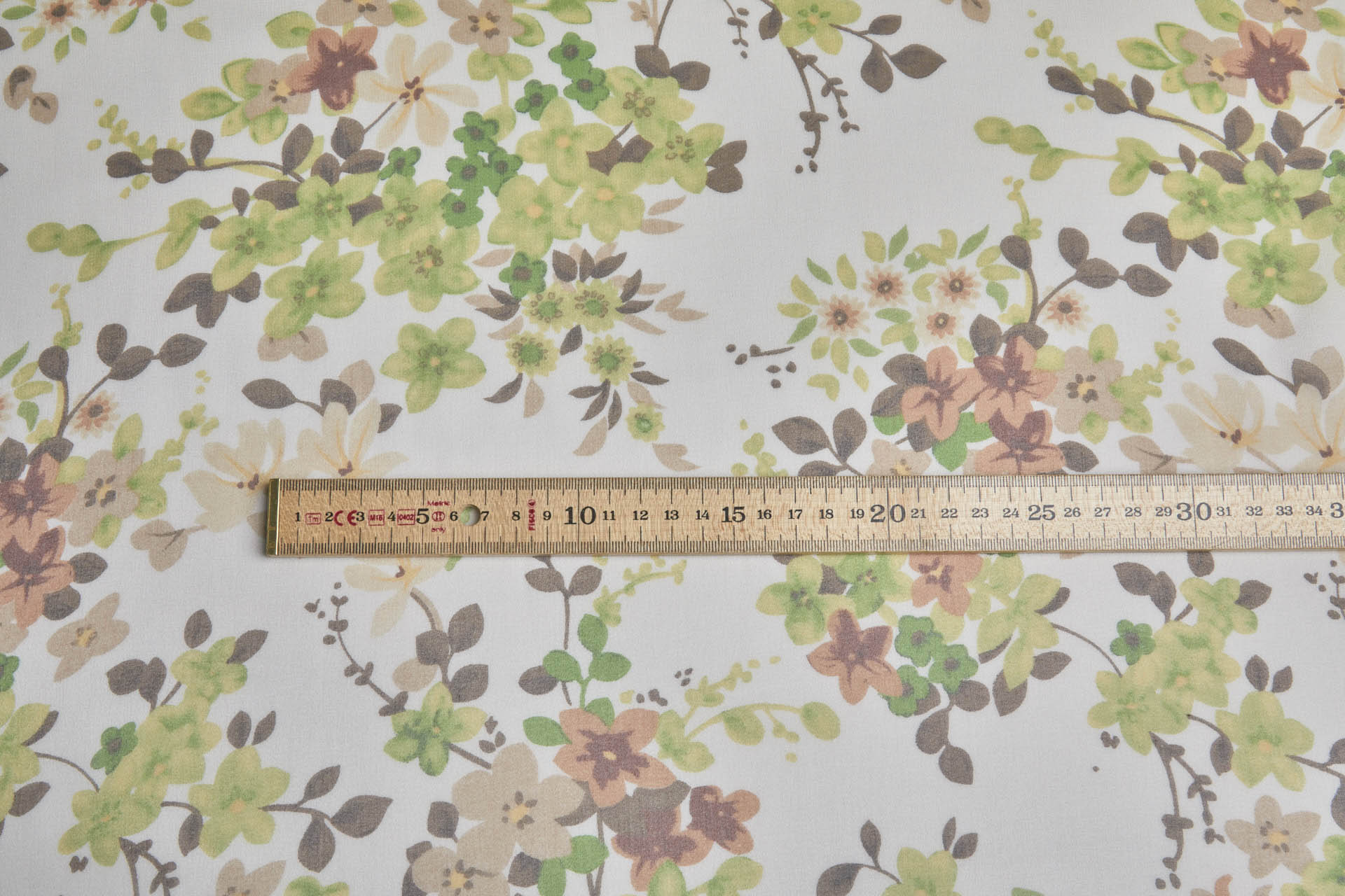 Brown and Green Floral Print on Off White Silk Georgette fabric, image 3 of 7