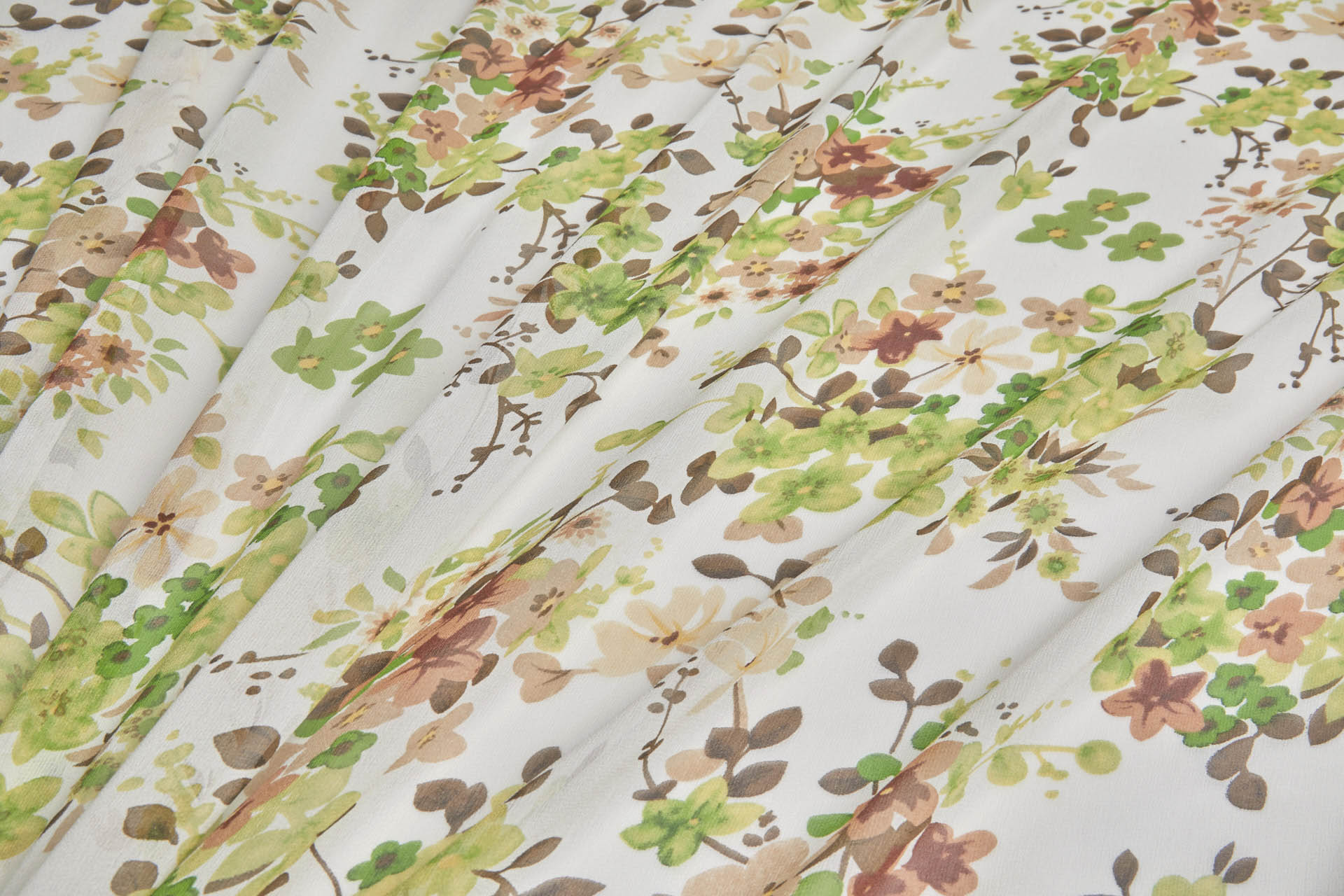 Brown and Green Floral Print on Off White Silk Georgette fabric, image 4 of 7