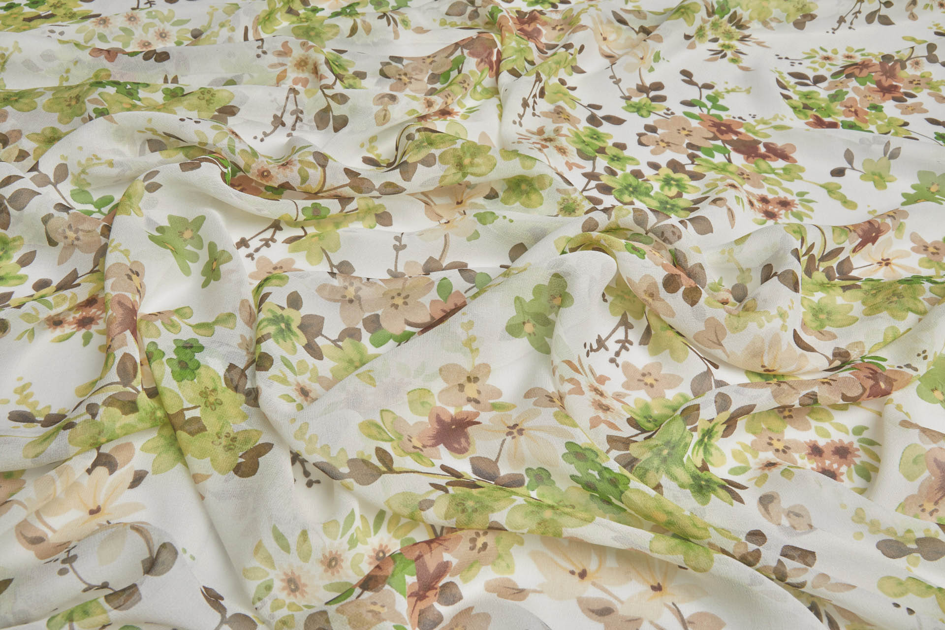 Brown and Green Floral Print on Off White Silk Georgette fabric, image 5 of 7