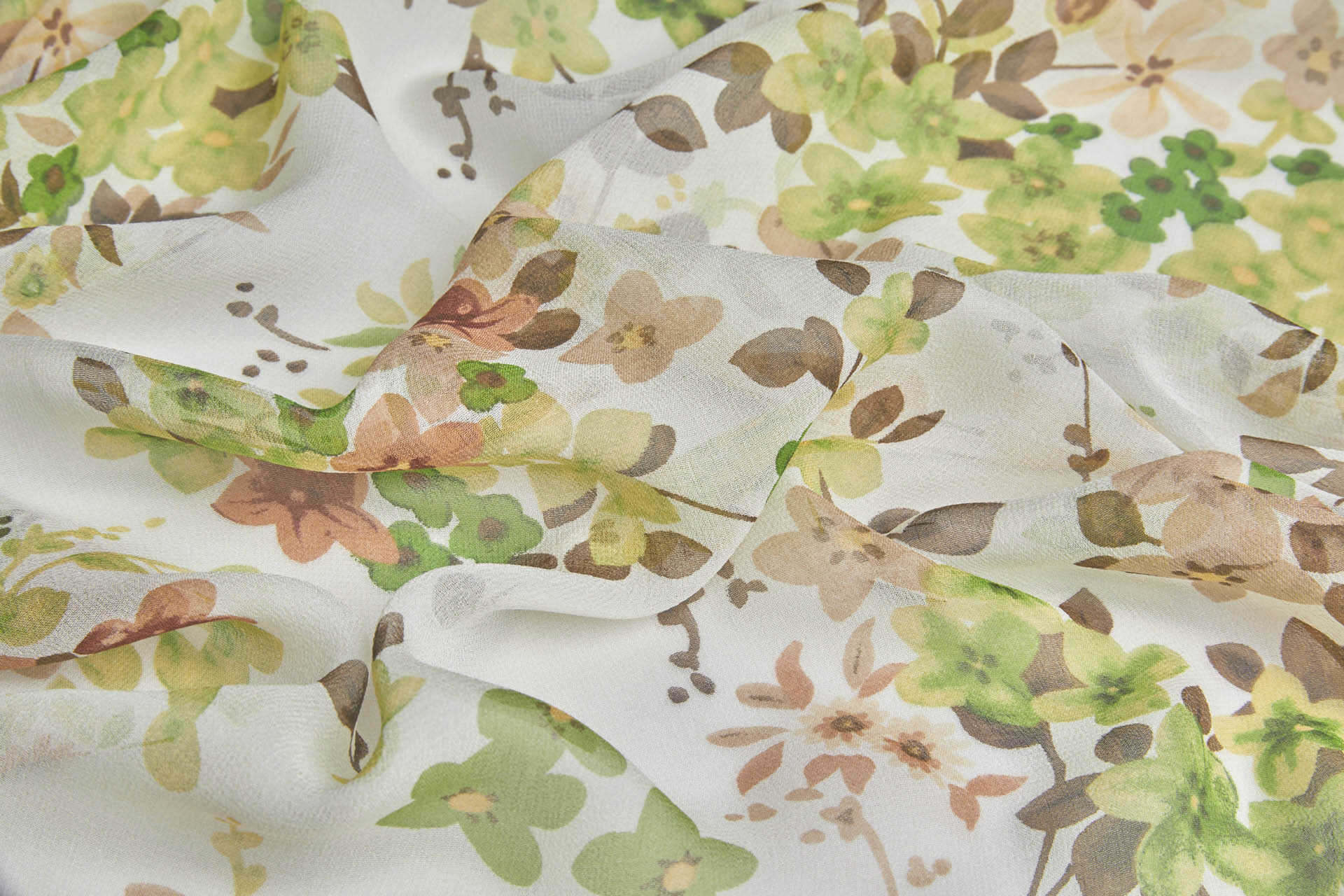 Brown and Green Floral Print on Off White Silk Georgette fabric, image 6 of 7