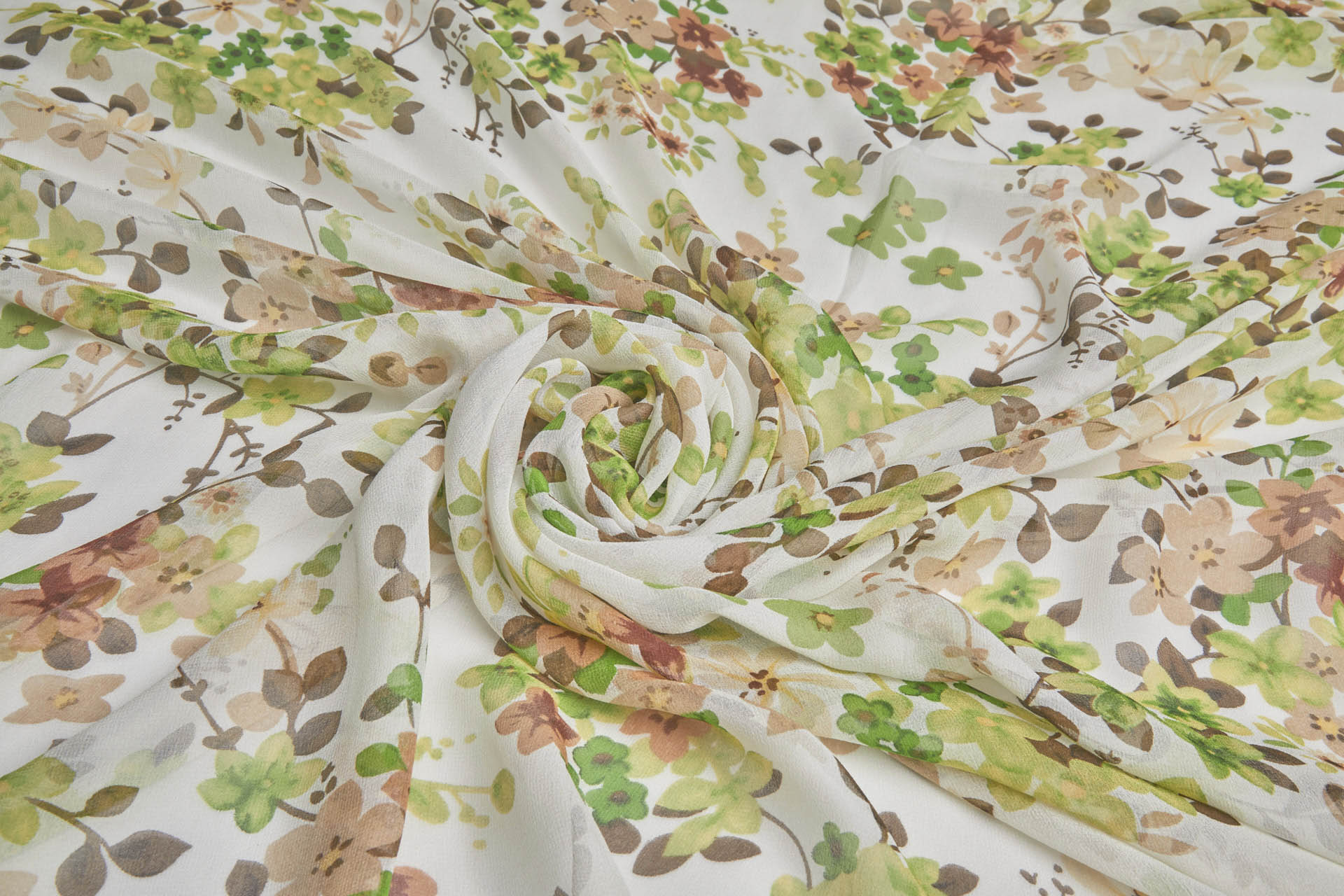 Brown and Green Floral Print on Off White Silk Georgette fabric