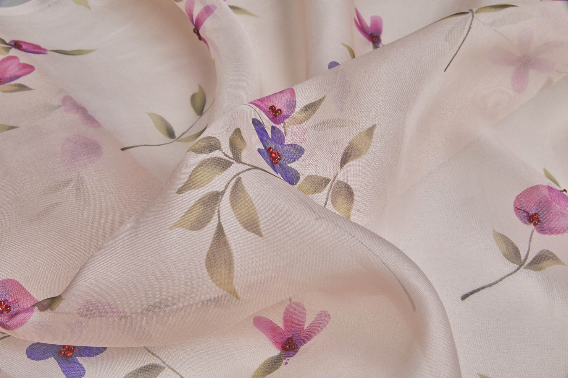 Silk Organza with Floral Print and Hand Beading - Pale Pink fabric, image 5 of 9