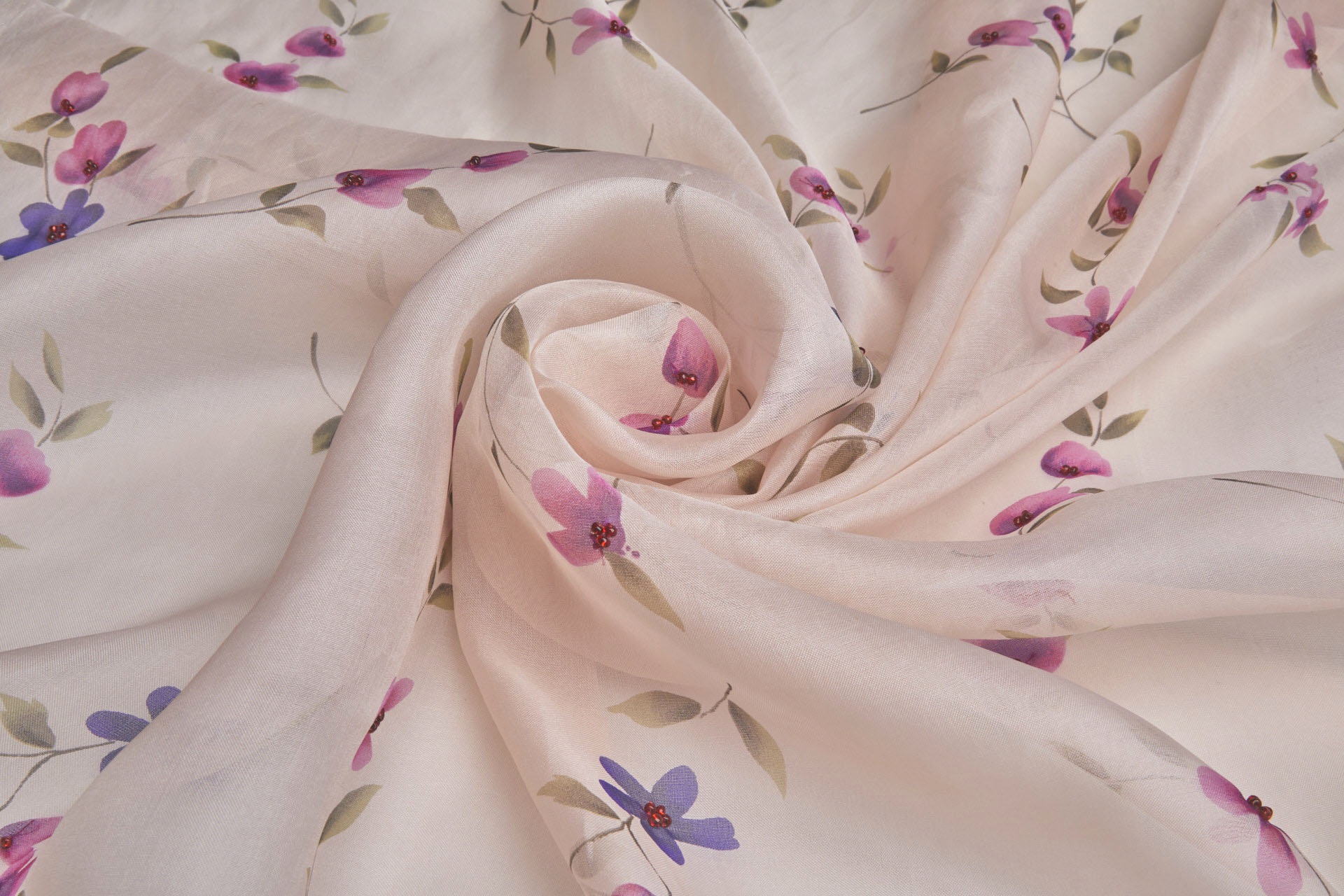 Silk Organza with Floral Print and Hand Beading - Pale Pink fabric