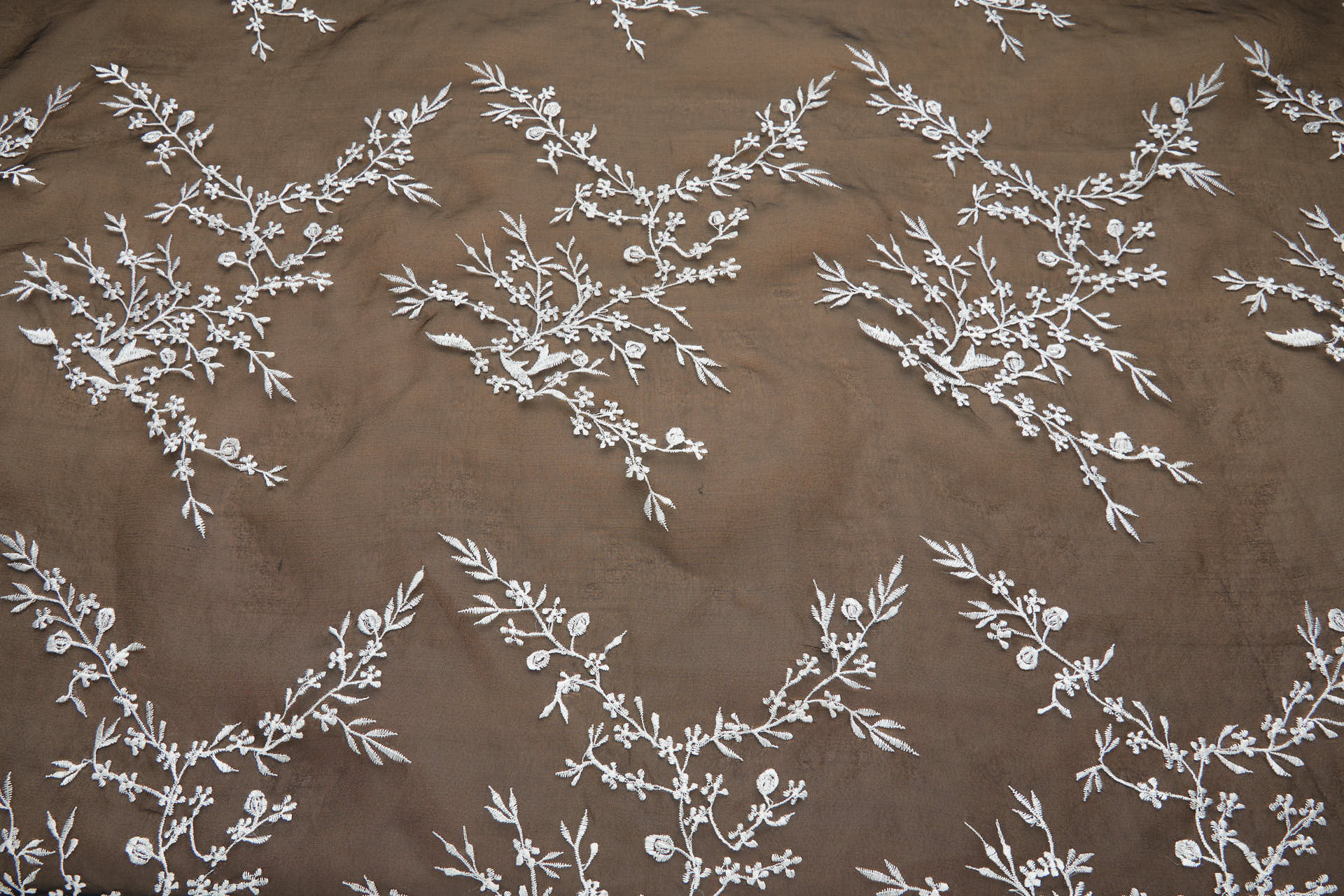 White Cherry Blossom Branch Embroidery on Black Silk Organza fabric, image 11 of 11