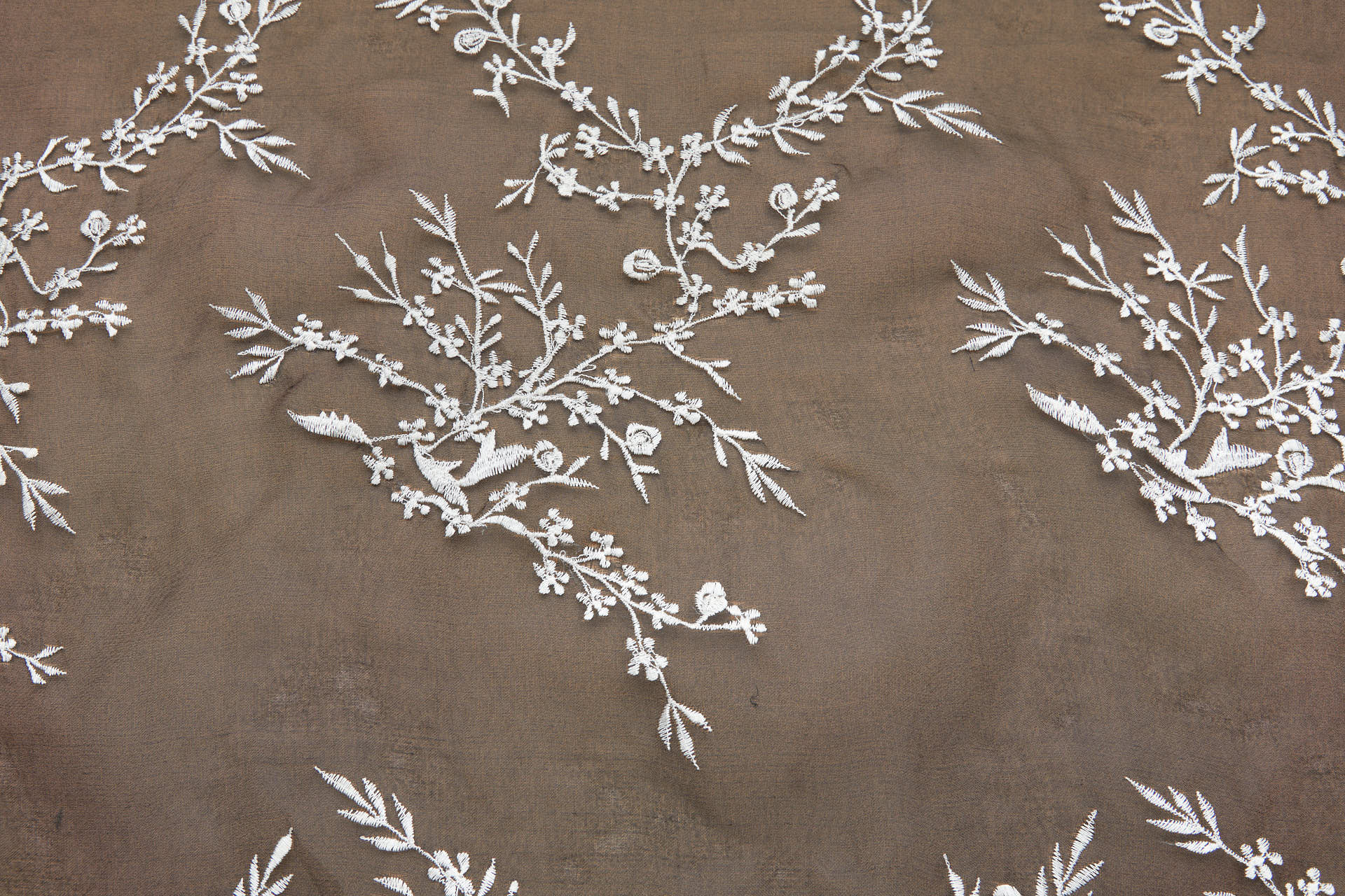 White Cherry Blossom Branch Embroidery on Black Silk Organza fabric, image 6 of 11