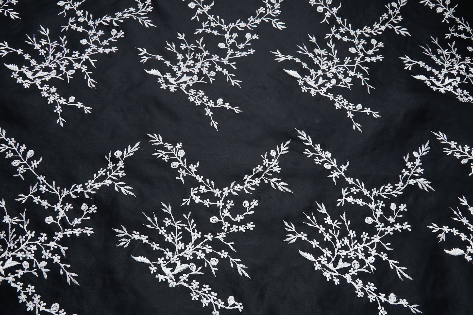 White Cherry Blossom Branch Embroidery on Black Silk Organza fabric, image 10 of 11