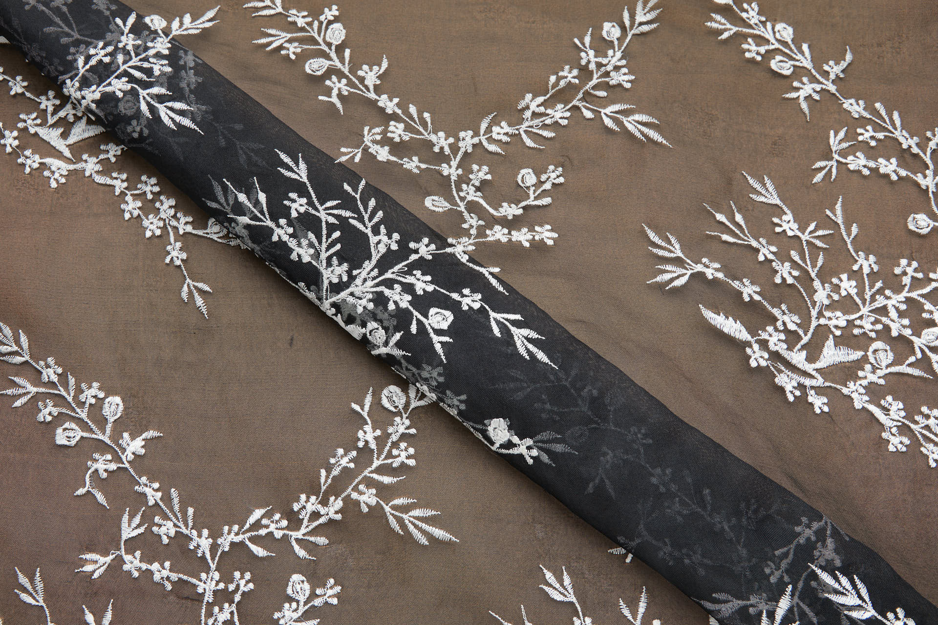 White Cherry Blossom Branch Embroidery on Black Silk Organza fabric, image 2 of 11