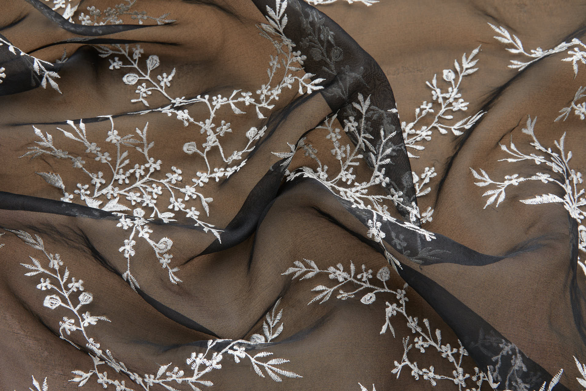 White Cherry Blossom Branch Embroidery on Black Silk Organza fabric, image 8 of 11