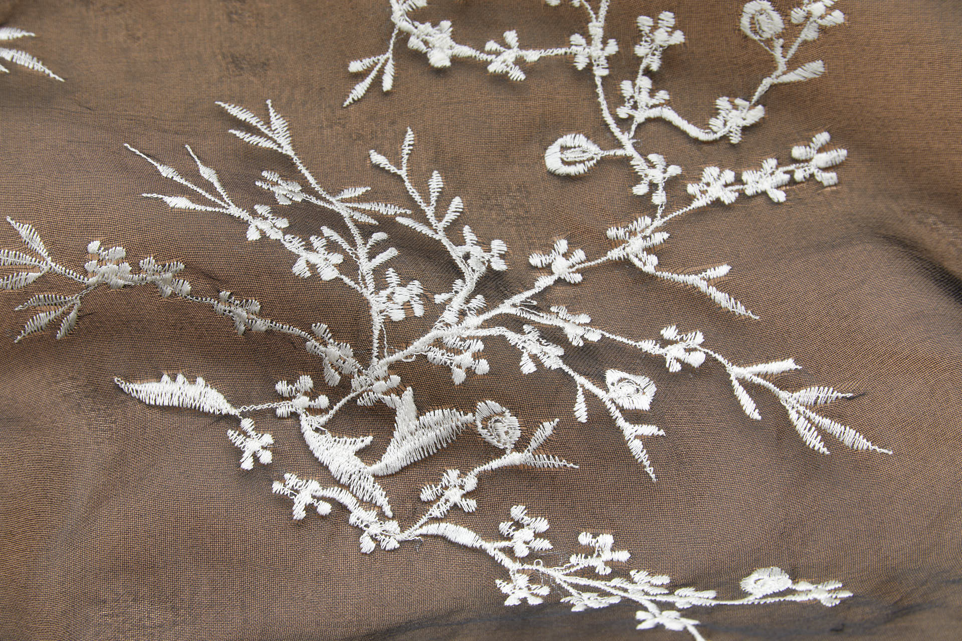 White Cherry Blossom Branch Embroidery on Black Silk Organza fabric, image 5 of 11