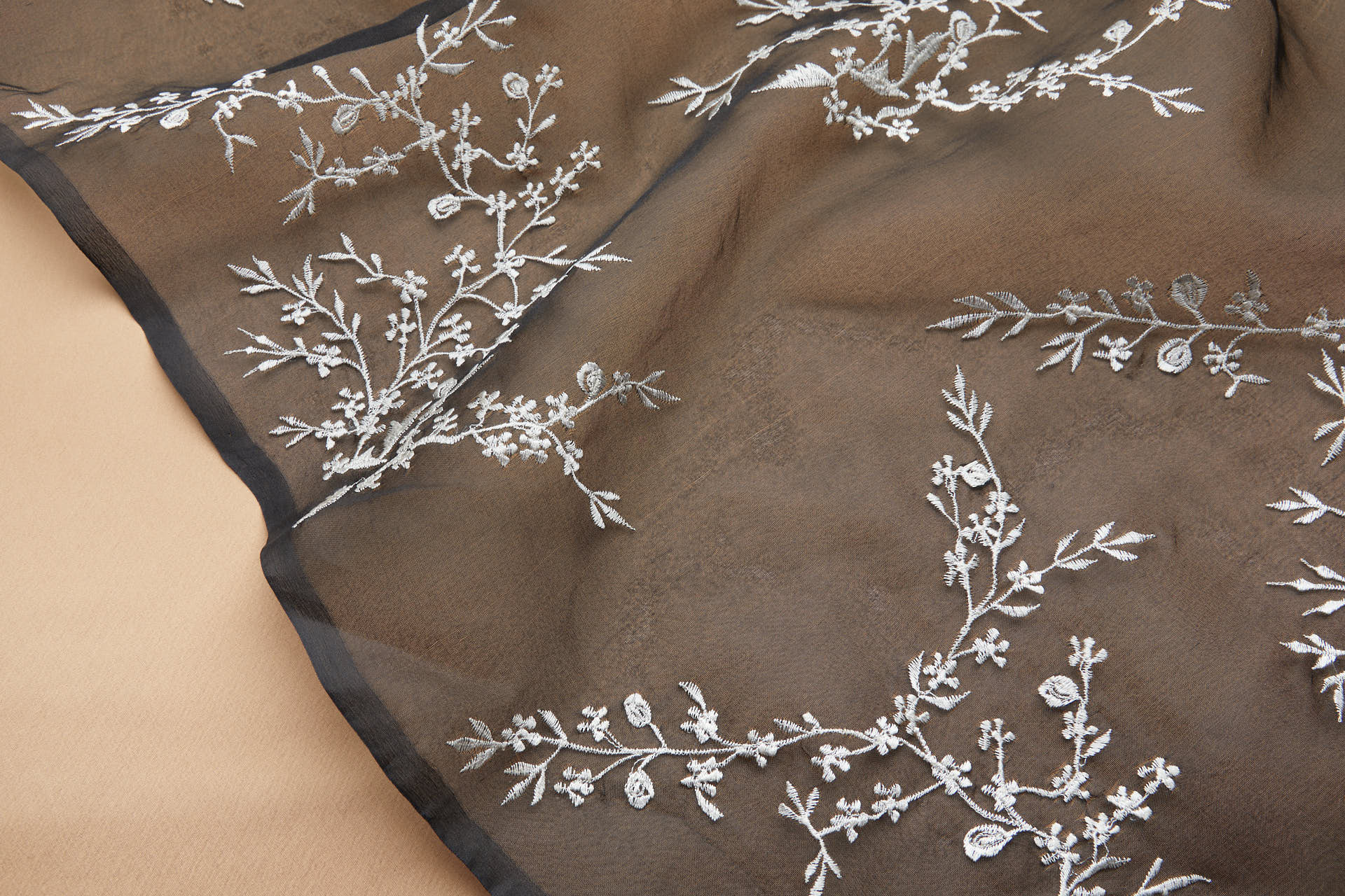 White Cherry Blossom Branch Embroidery on Black Silk Organza fabric, image 3 of 11