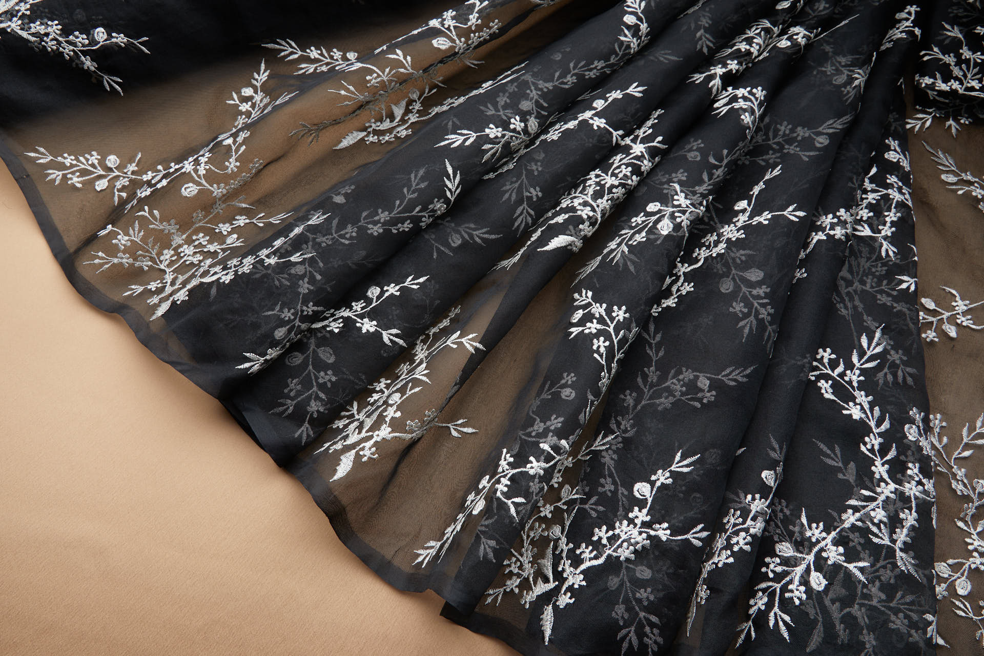 White Cherry Blossom Branch Embroidery on Black Silk Organza fabric