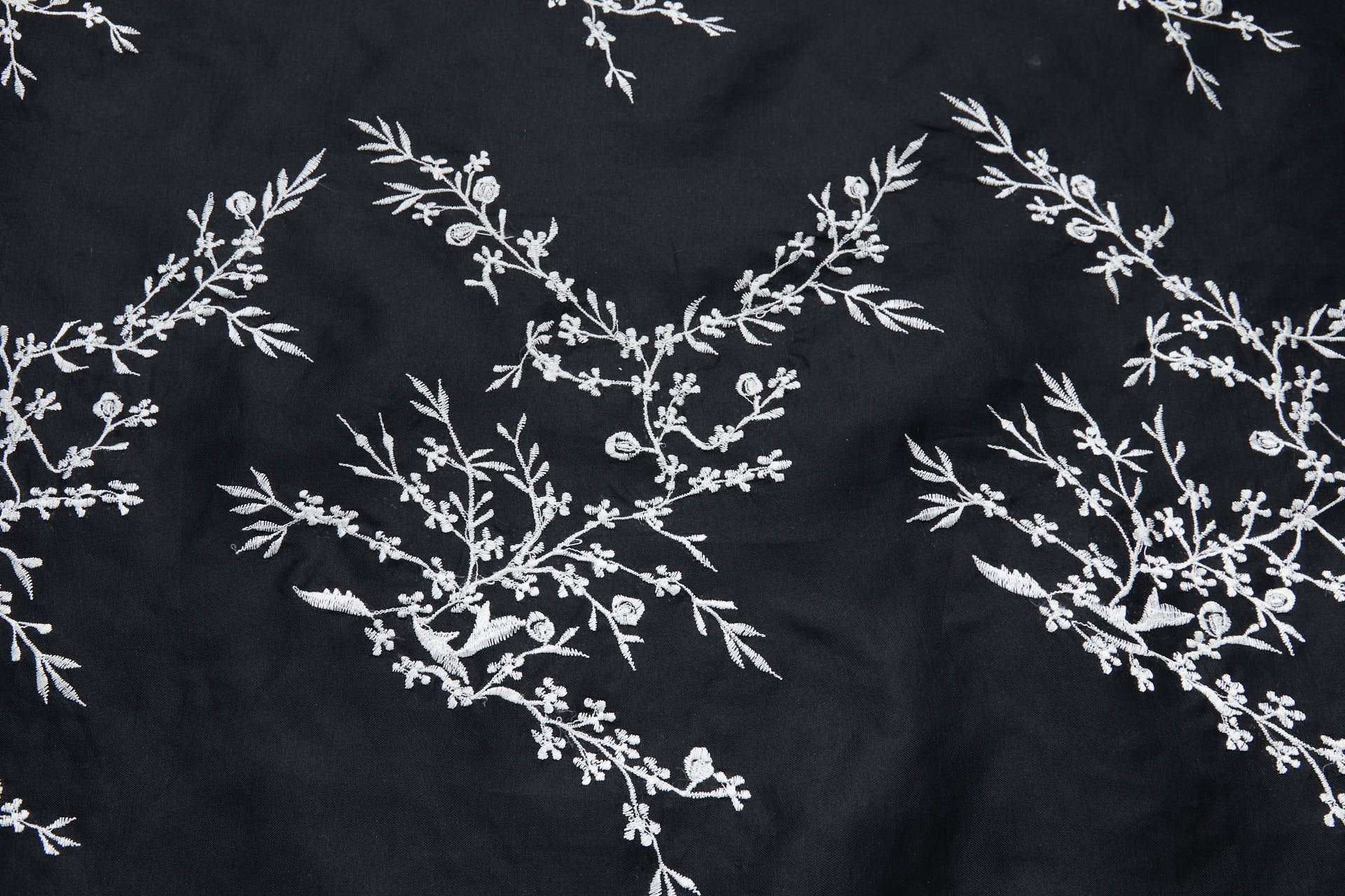 White Cherry Blossom Branch Embroidery on Black Silk Organza fabric, image 7 of 11