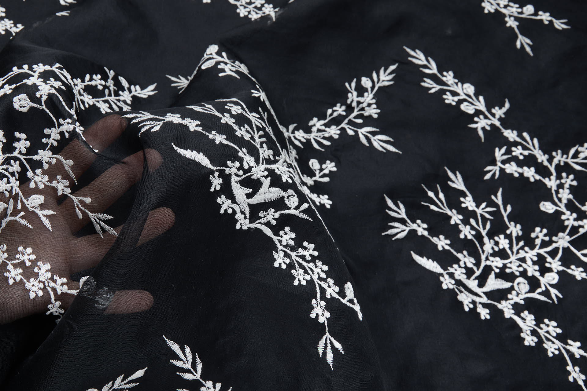 White Cherry Blossom Branch Embroidery on Black Silk Organza fabric, image 4 of 11