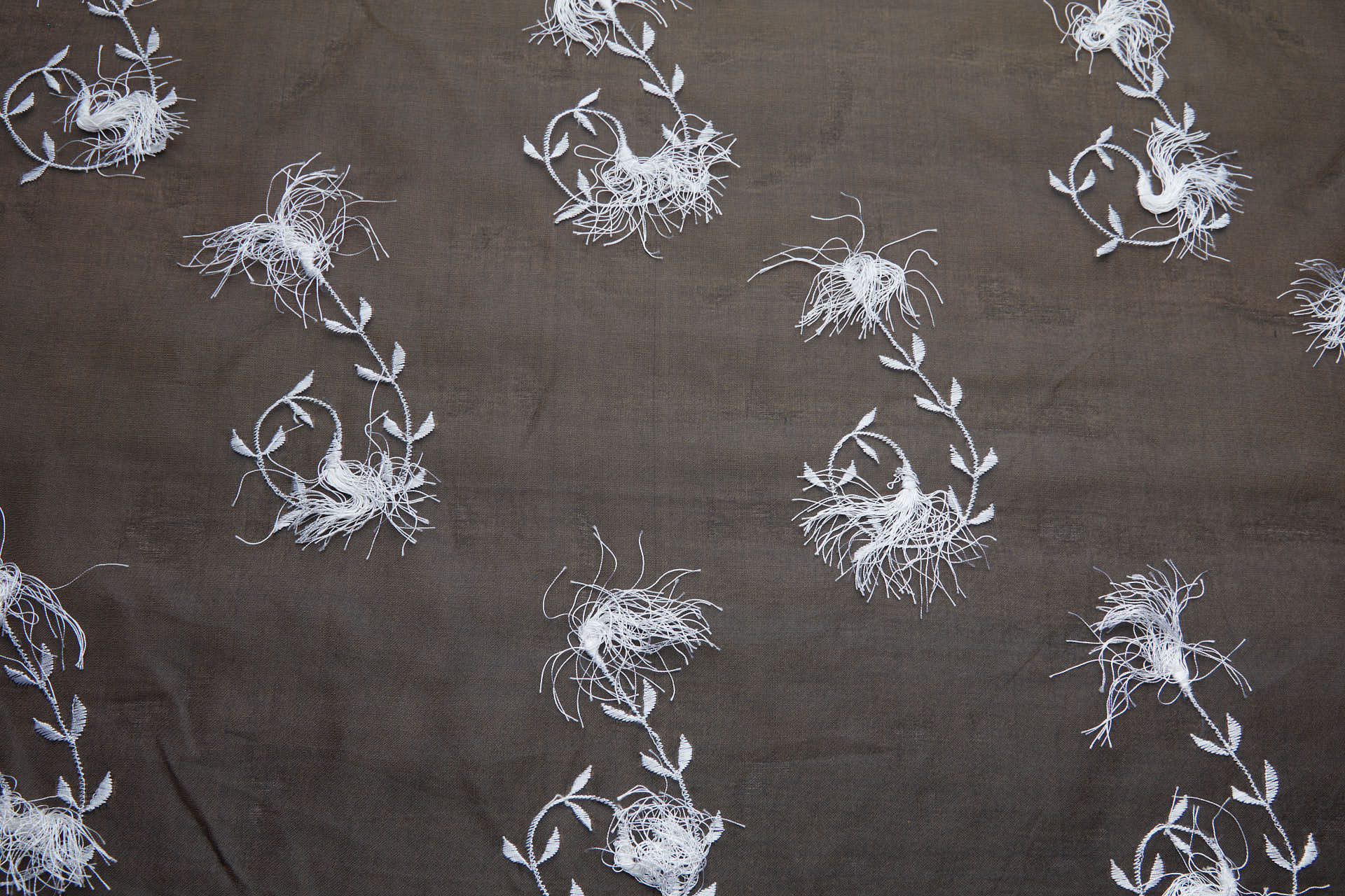 Vintage White Tufty Flower Embroidery on Black Silk Organza fabric, image 8 of 11