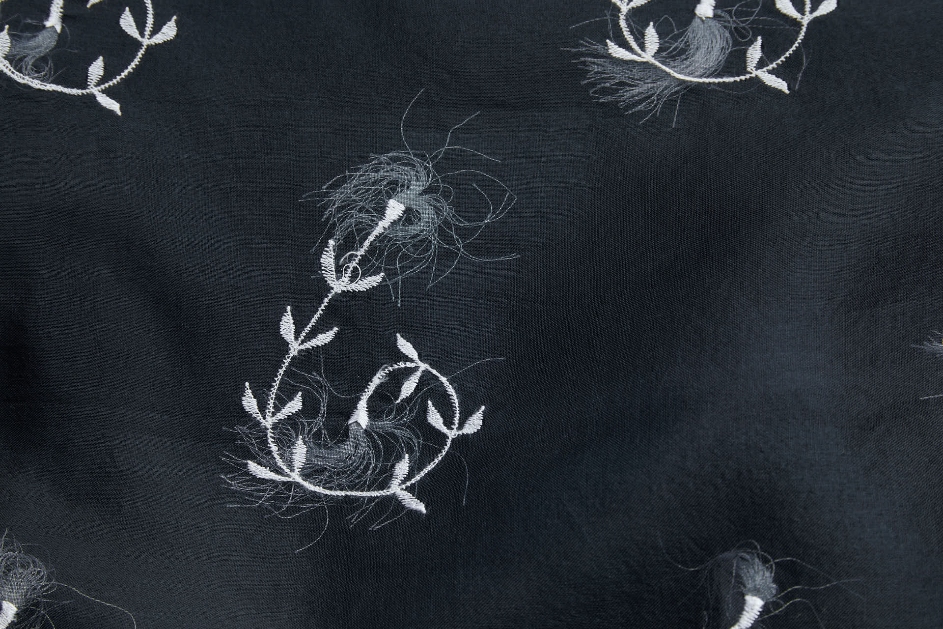 Vintage White Tufty Flower Embroidery on Black Silk Organza fabric, image 3 of 11