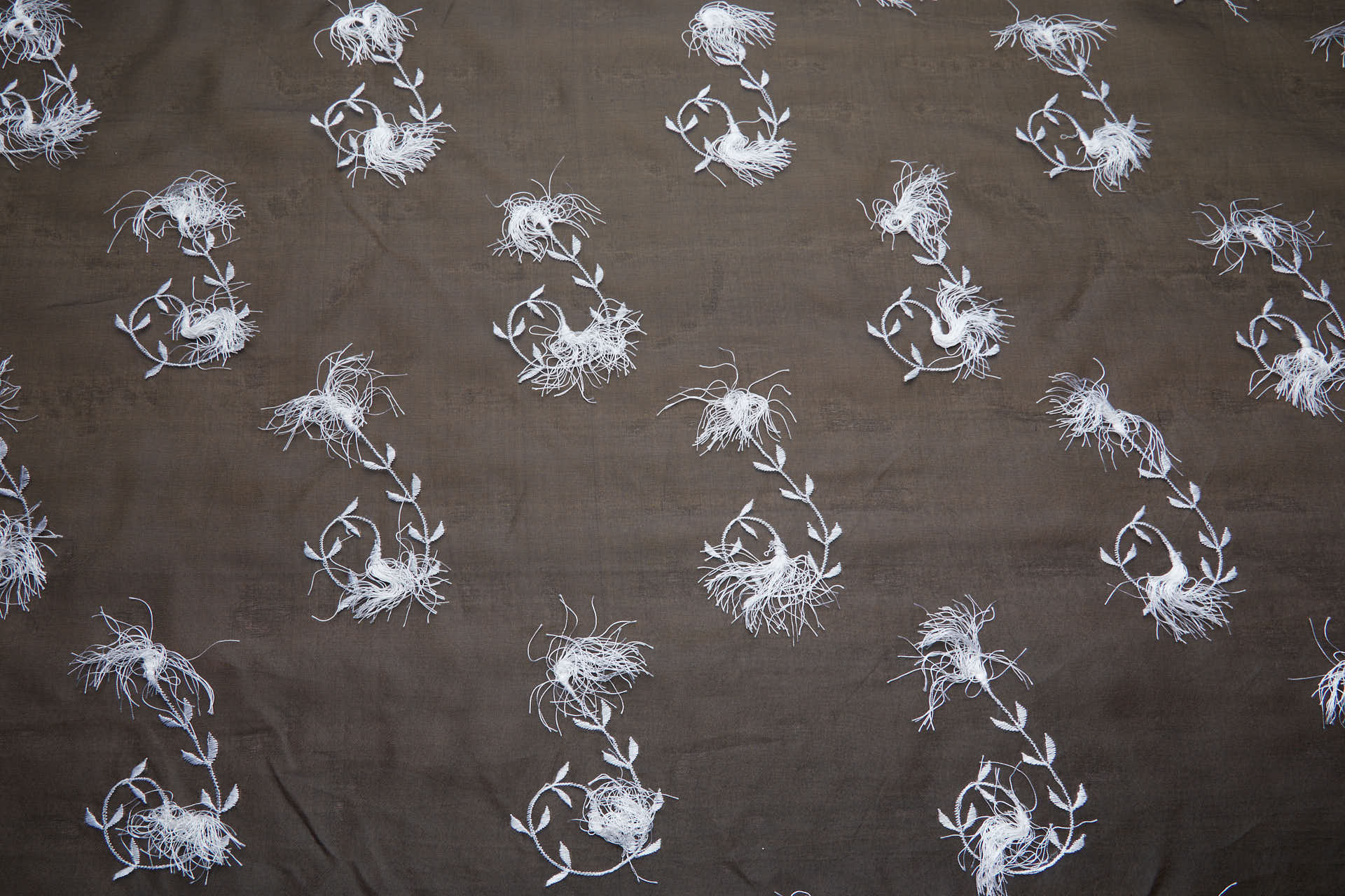 Vintage White Tufty Flower Embroidery on Black Silk Organza fabric, image 10 of 11