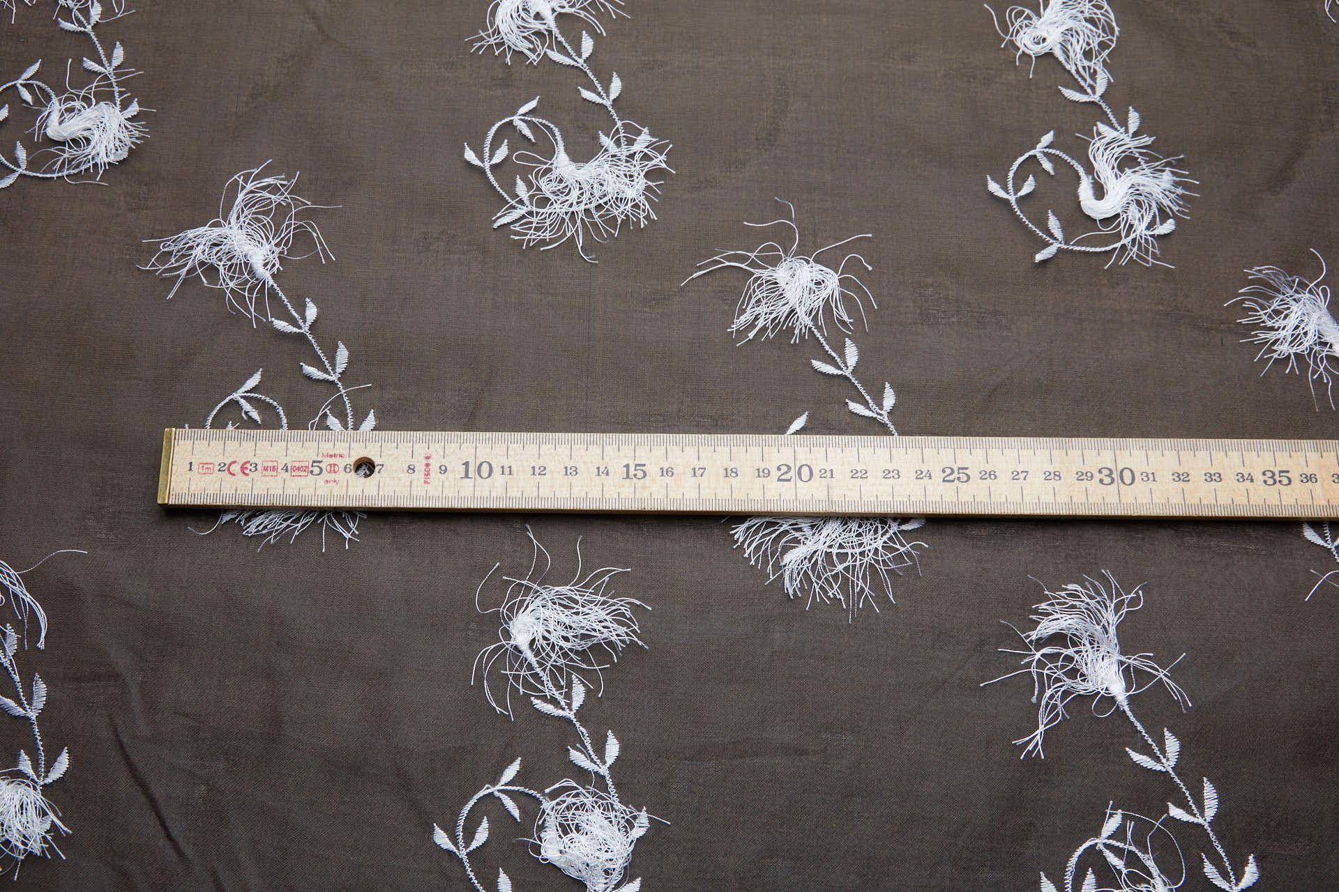 Vintage White Tufty Flower Embroidery on Black Silk Organza fabric, image 6 of 11