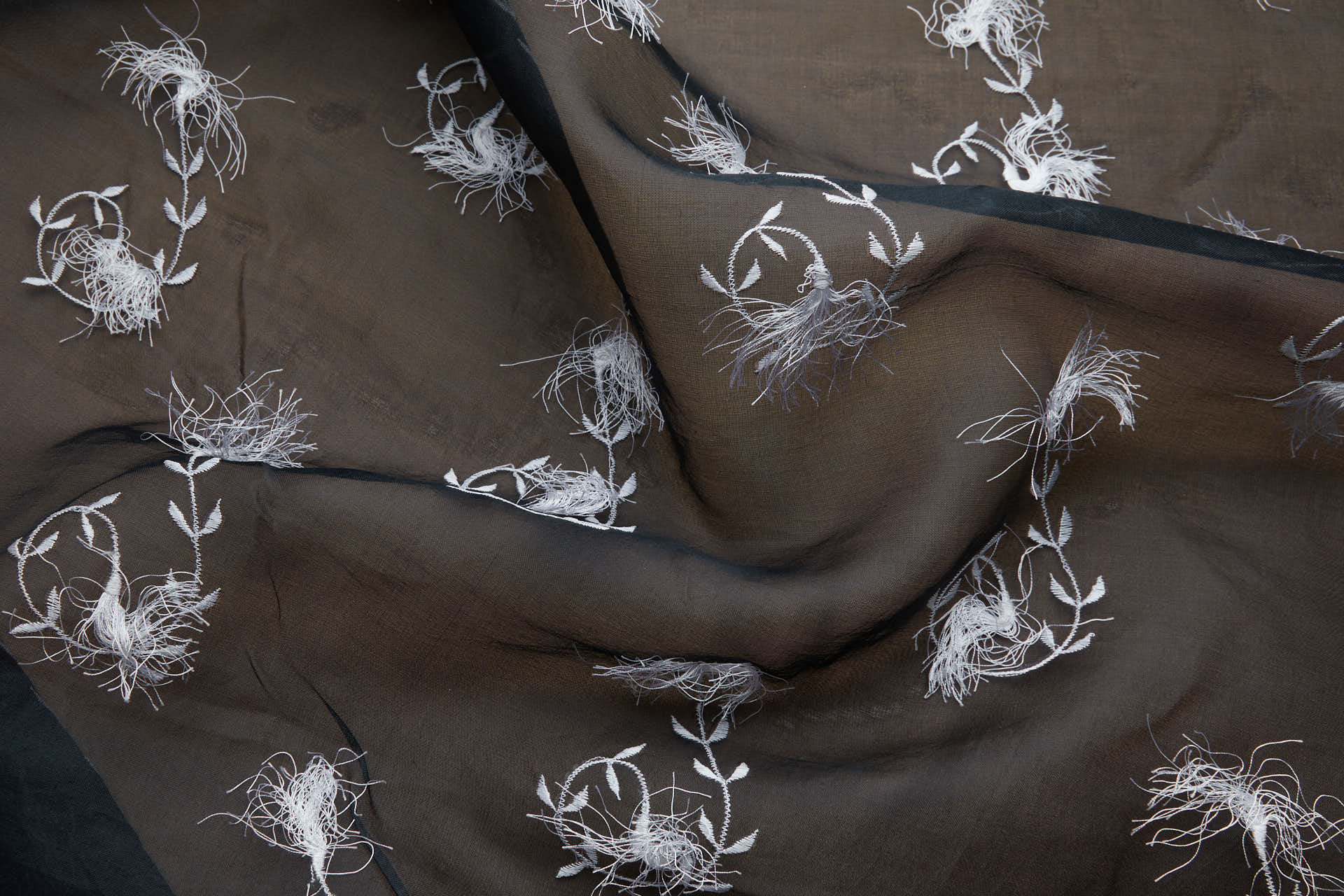 Vintage White Tufty Flower Embroidery on Black Silk Organza fabric, image 2 of 11