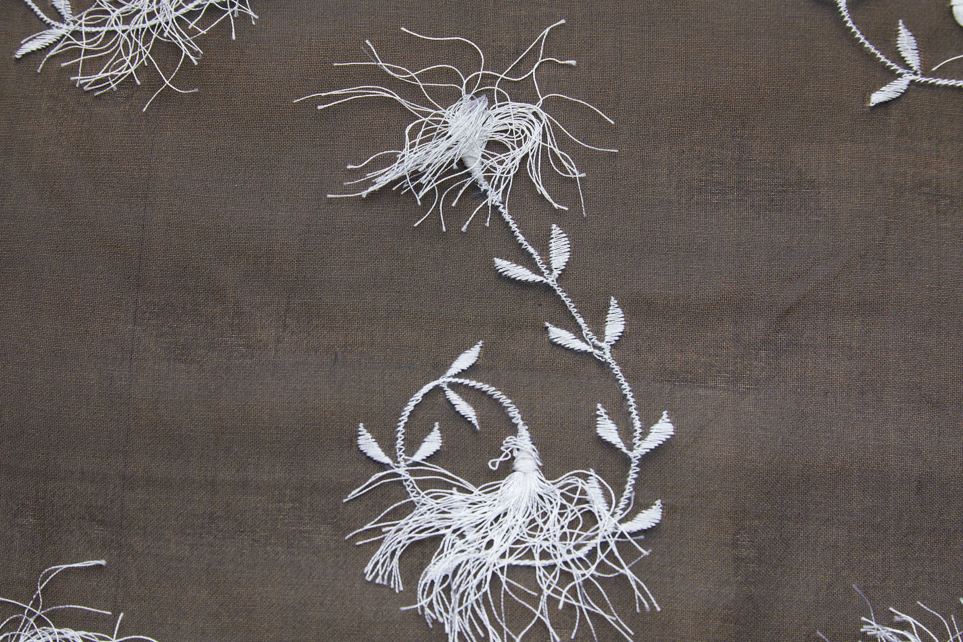 Vintage White Tufty Flower Embroidery on Black Silk Organza fabric, image 7 of 11